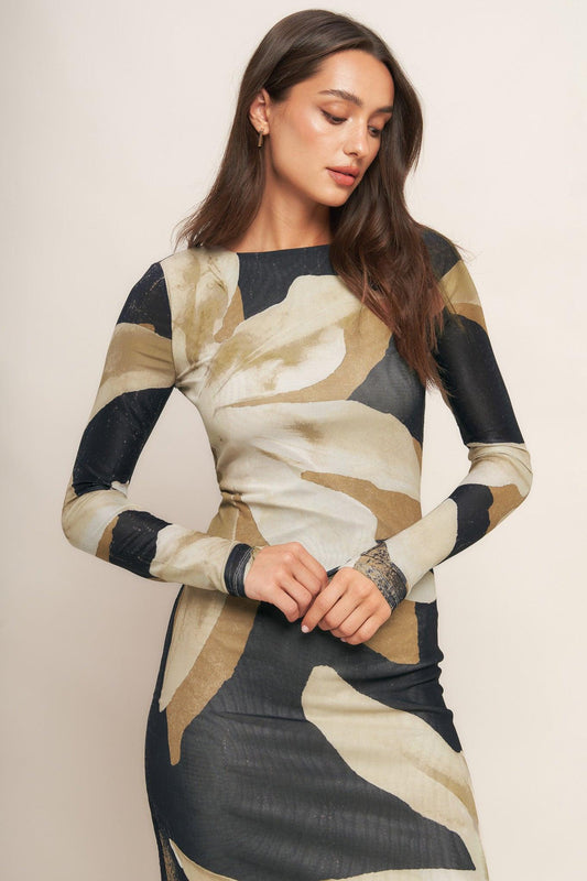 Abstract Botanica Power Mesh Midi Dress in black, view 6 — Soul Flow Apparel