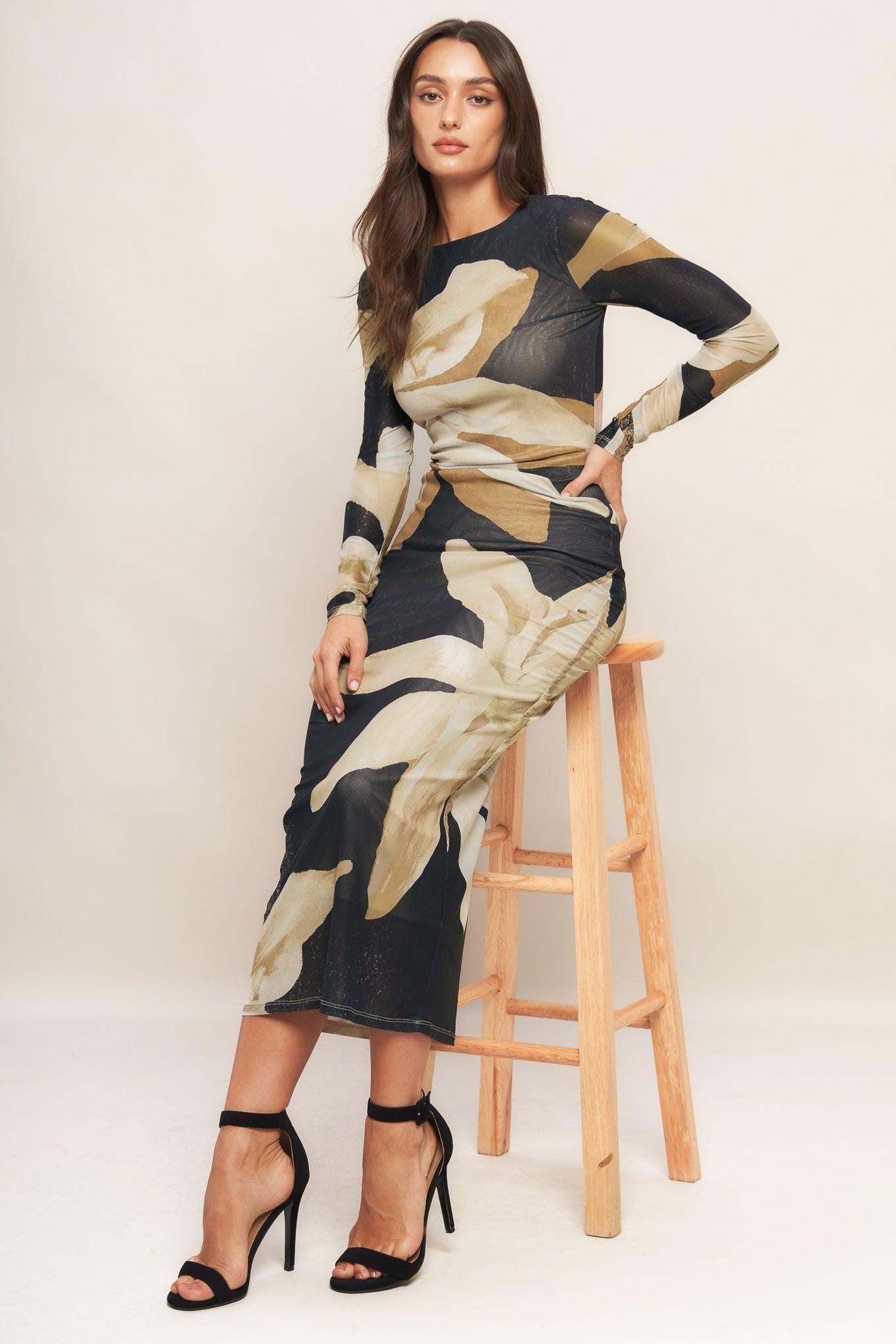 Abstract Botanica Power Mesh Midi Dress in black, view 7 — Soul Flow Apparel