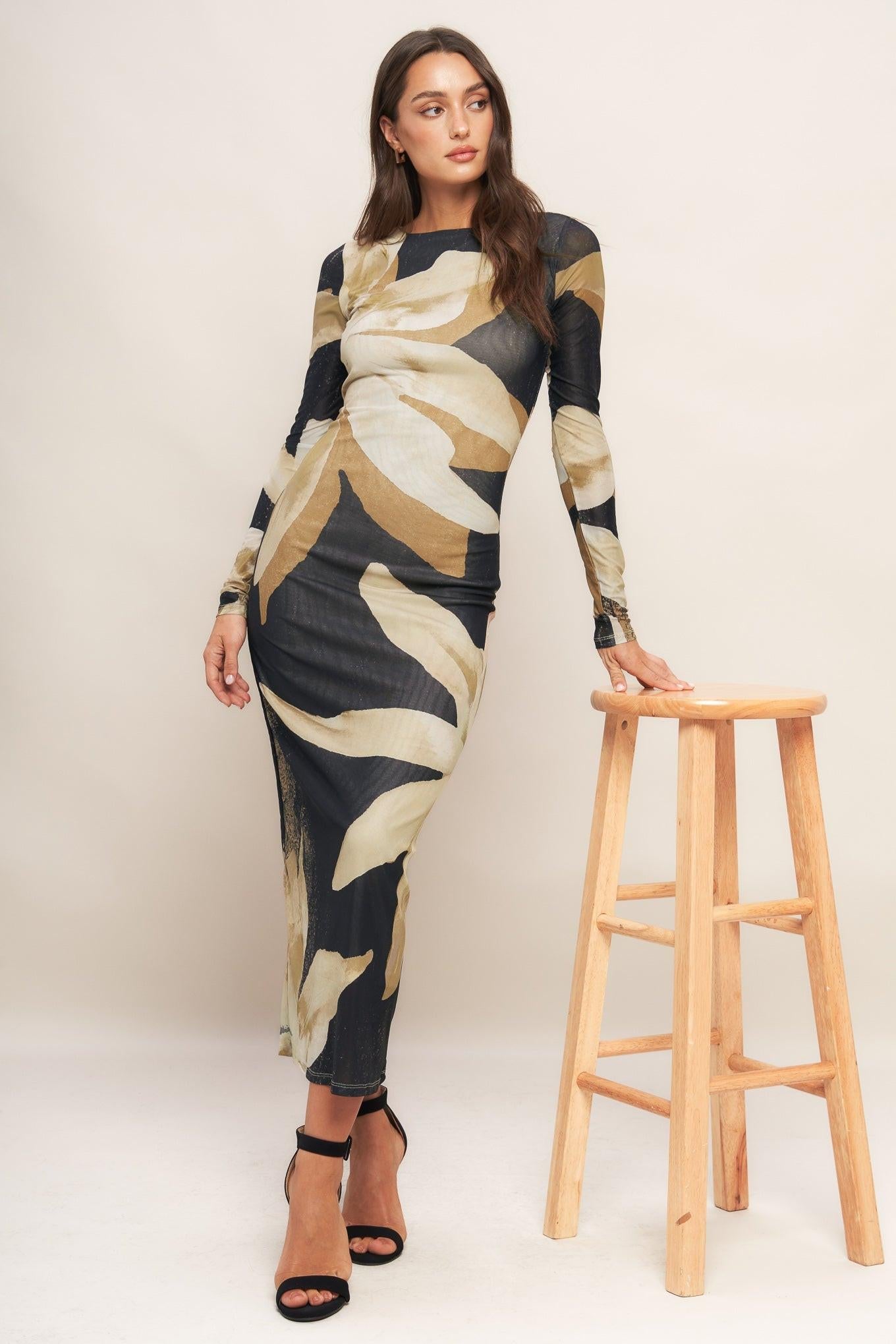 Abstract Botanica Power Mesh Midi Dress in black, view 8 — Soul Flow Apparel