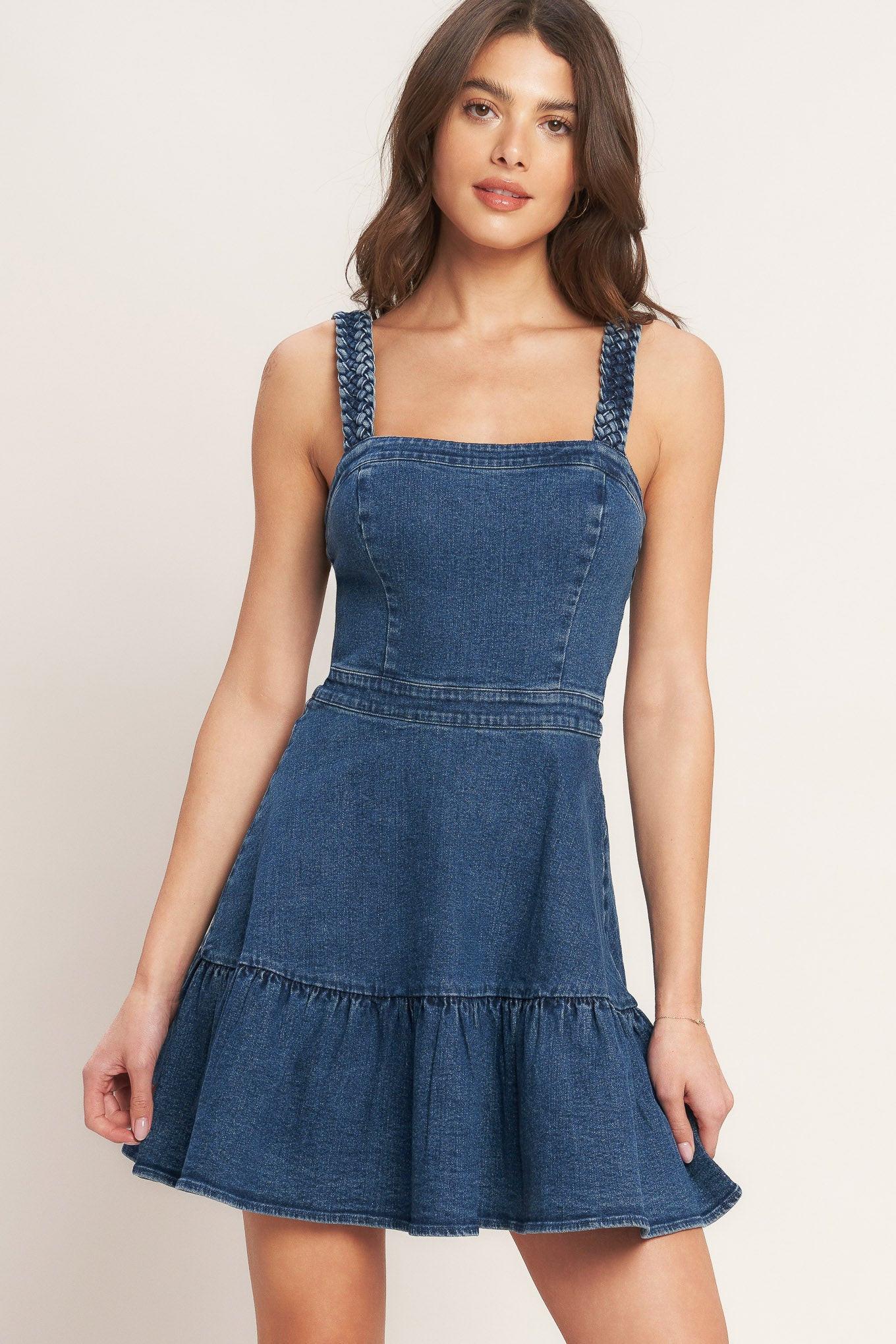 Functional Seaming Denim Mini Dress in medium indigo, view 2 — Soul Flow Apparel