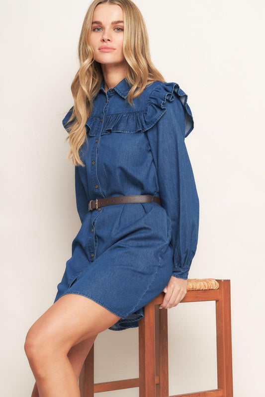 Bluebird Cowgirl Denim Mini Dress in medium indigo, view 8 — Soul Flow Apparel