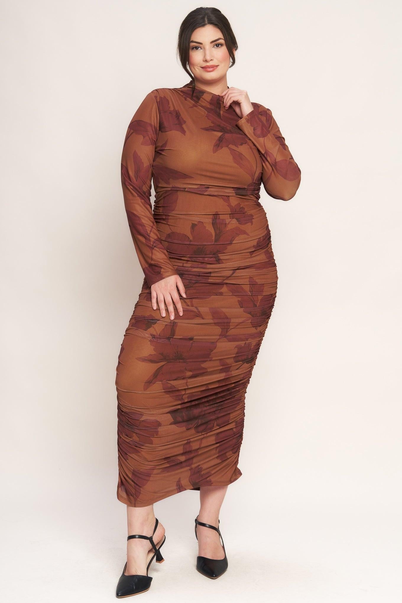 Amber Flora Power Mesh Midi Dress in sienna, view 1 — Soul Flow Apparel