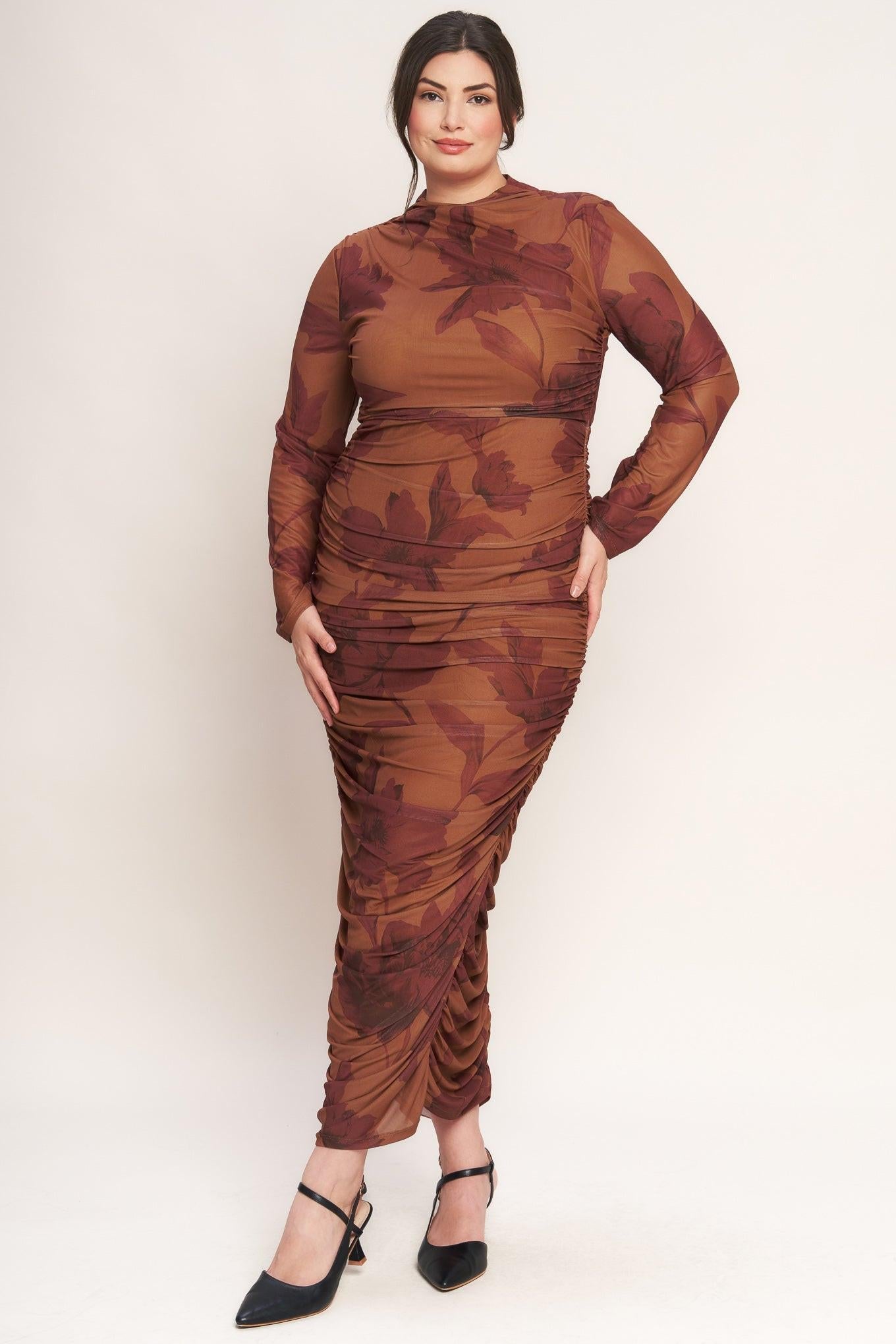 Amber Flora Power Mesh Midi Dress in sienna, view 2 — Soul Flow Apparel