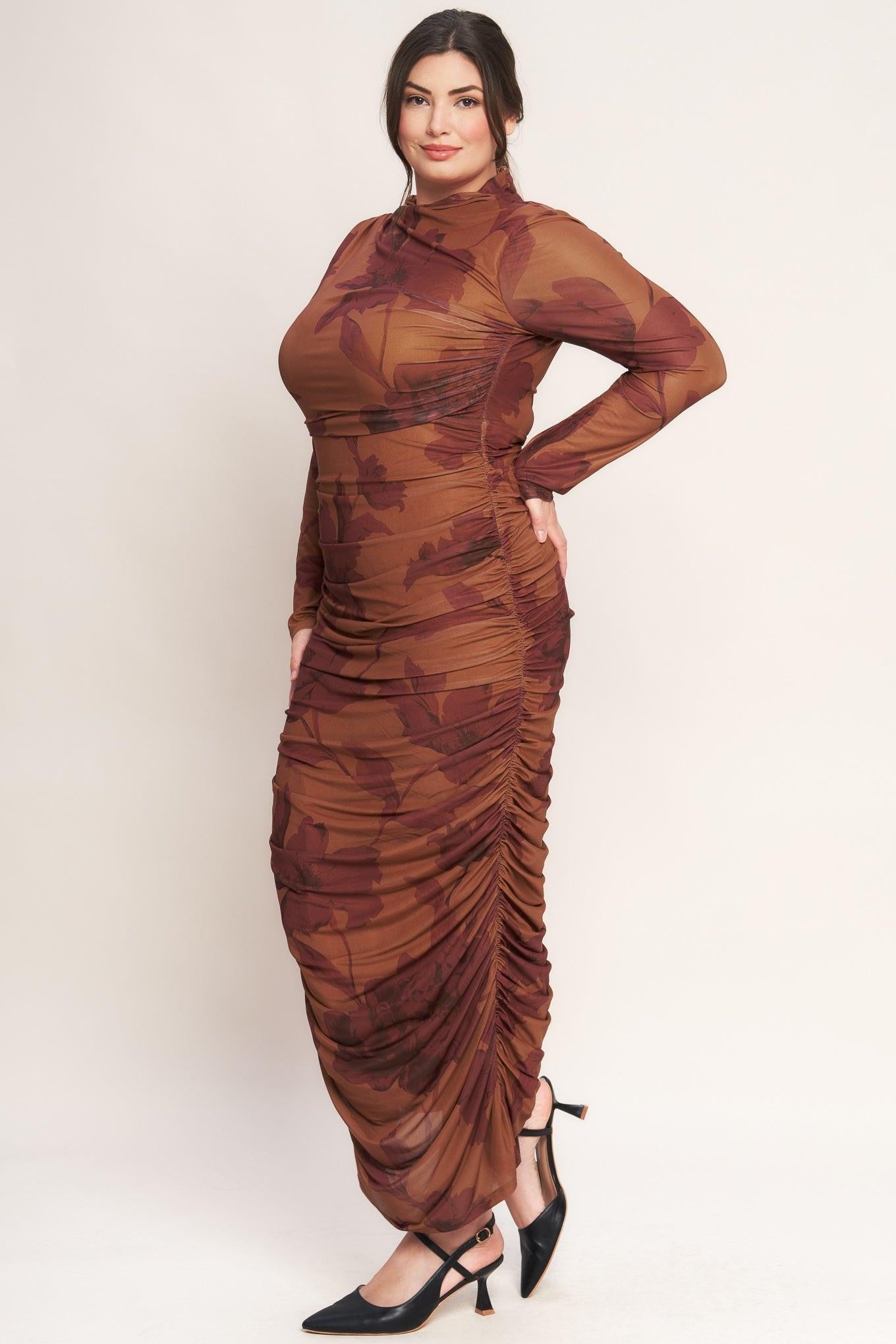 Amber Flora Power Mesh Midi Dress in sienna, view 3 — Soul Flow Apparel