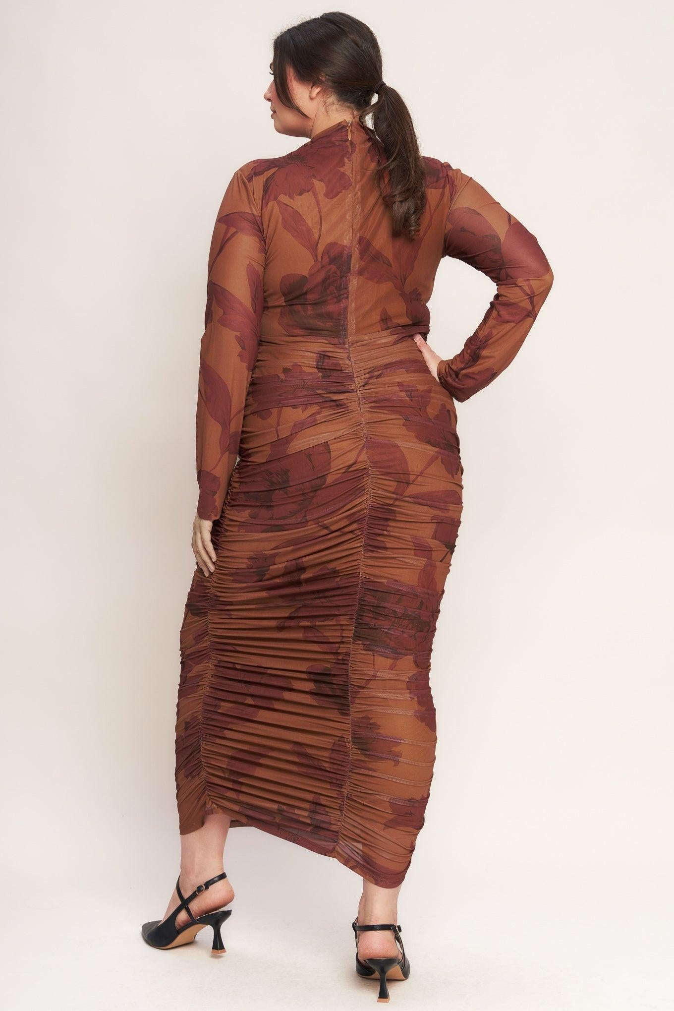 Amber Flora Power Mesh Midi Dress in sienna, view 4 — Soul Flow Apparel