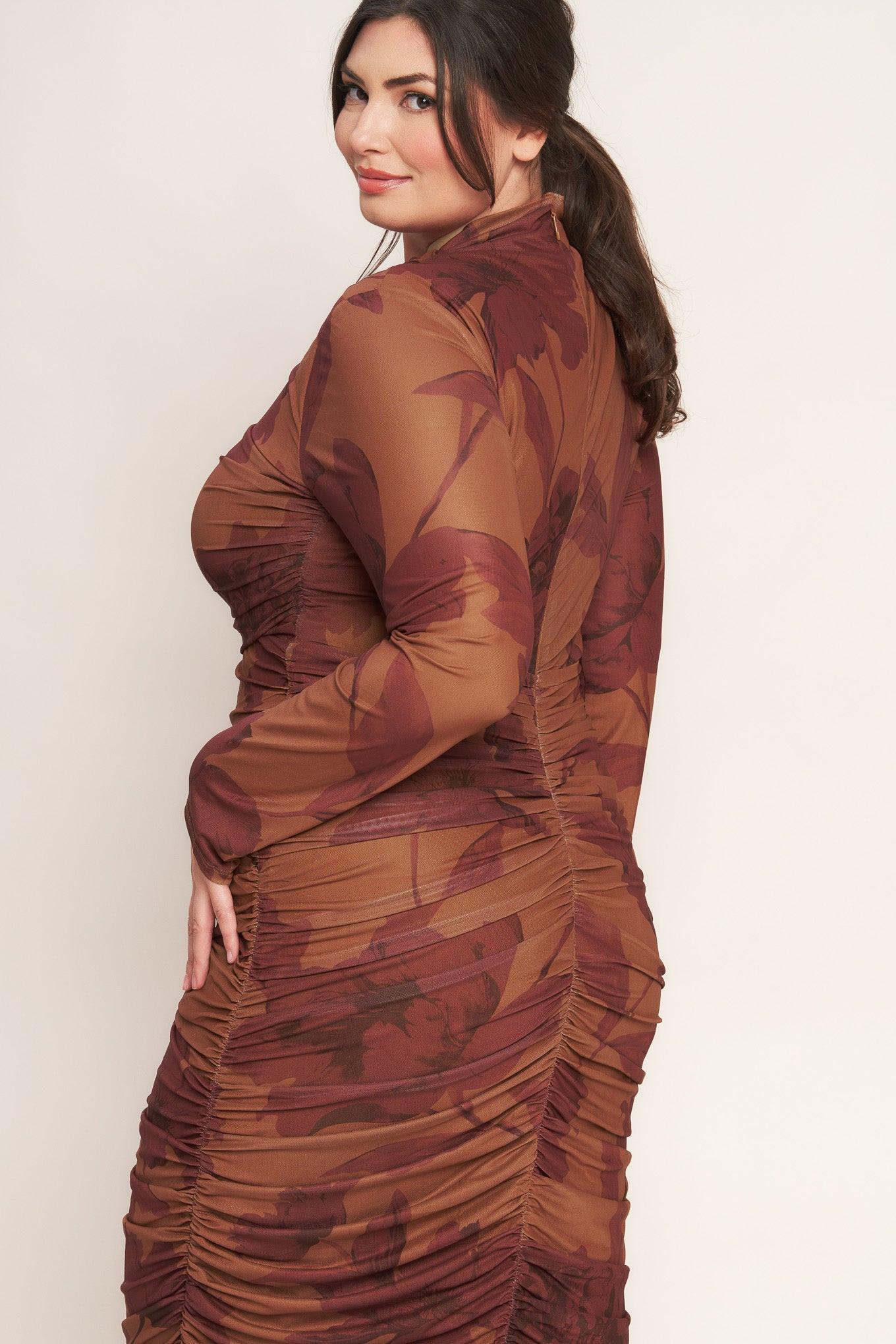 Amber Flora Power Mesh Midi Dress in sienna, view 6 — Soul Flow Apparel