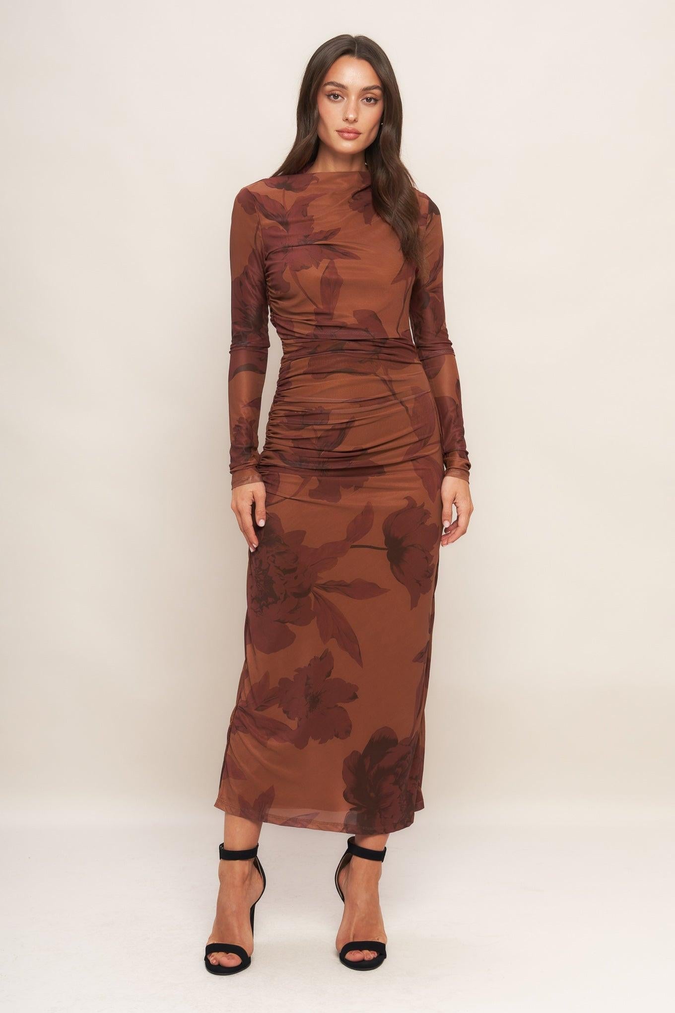 Amber Flora Power Mesh Midi Dress in sienna, view 1 — Soul Flow Apparel