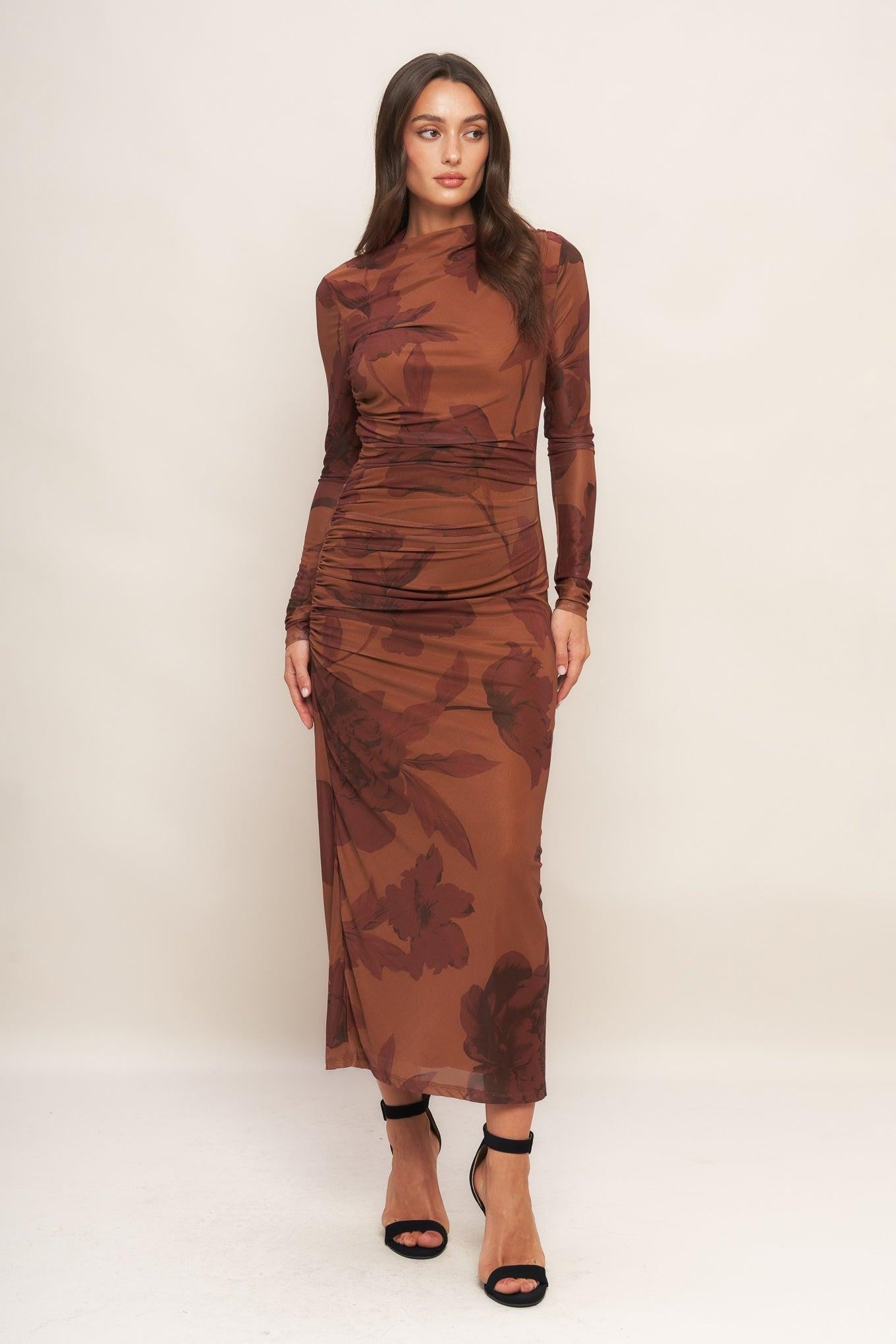 Amber Flora Power Mesh Midi Dress in sienna, view 2 — Soul Flow Apparel