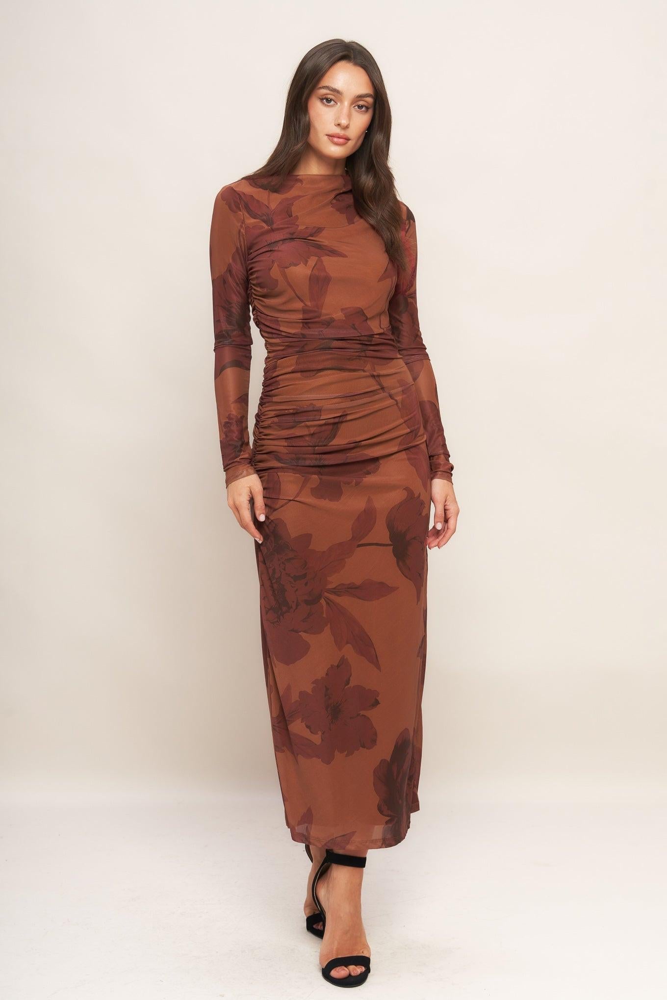Amber Flora Power Mesh Midi Dress in sienna, view 3 — Soul Flow Apparel