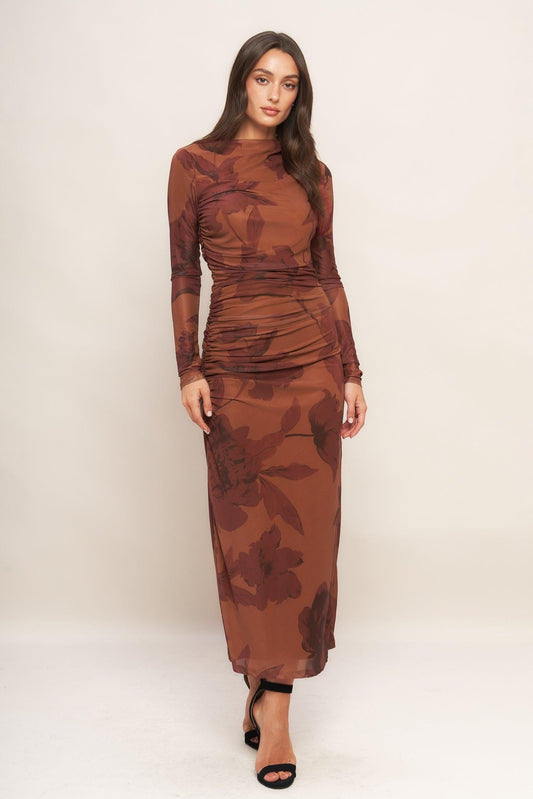 Amber Flora Power Mesh Midi Dress in sienna, view 3 — Soul Flow Apparel