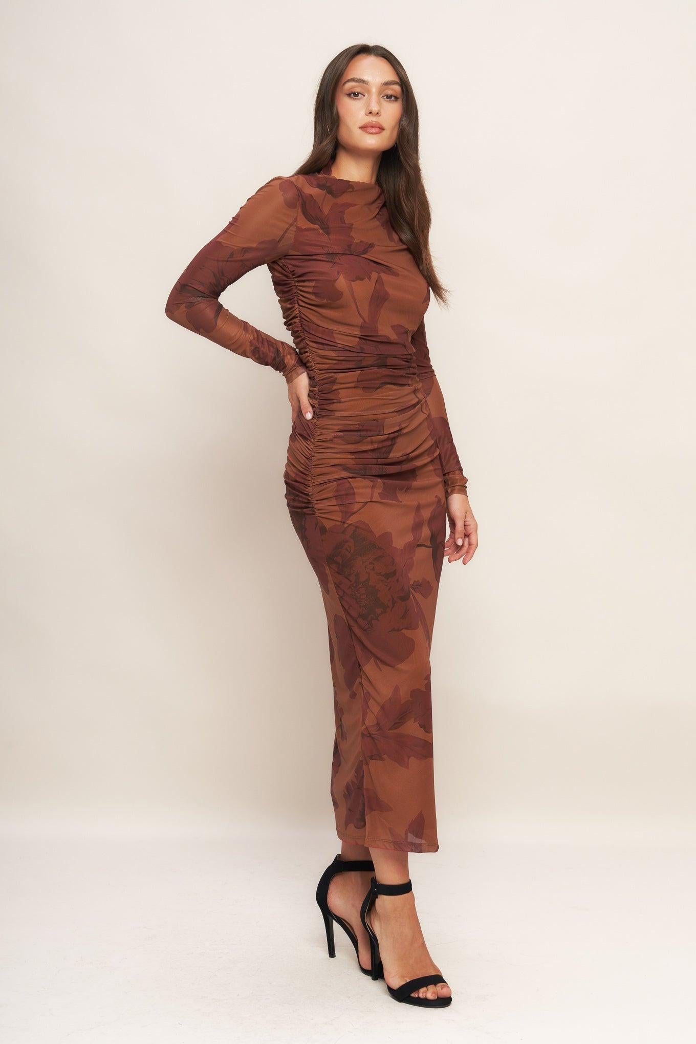 Amber Flora Power Mesh Midi Dress in sienna, view 5 — Soul Flow Apparel