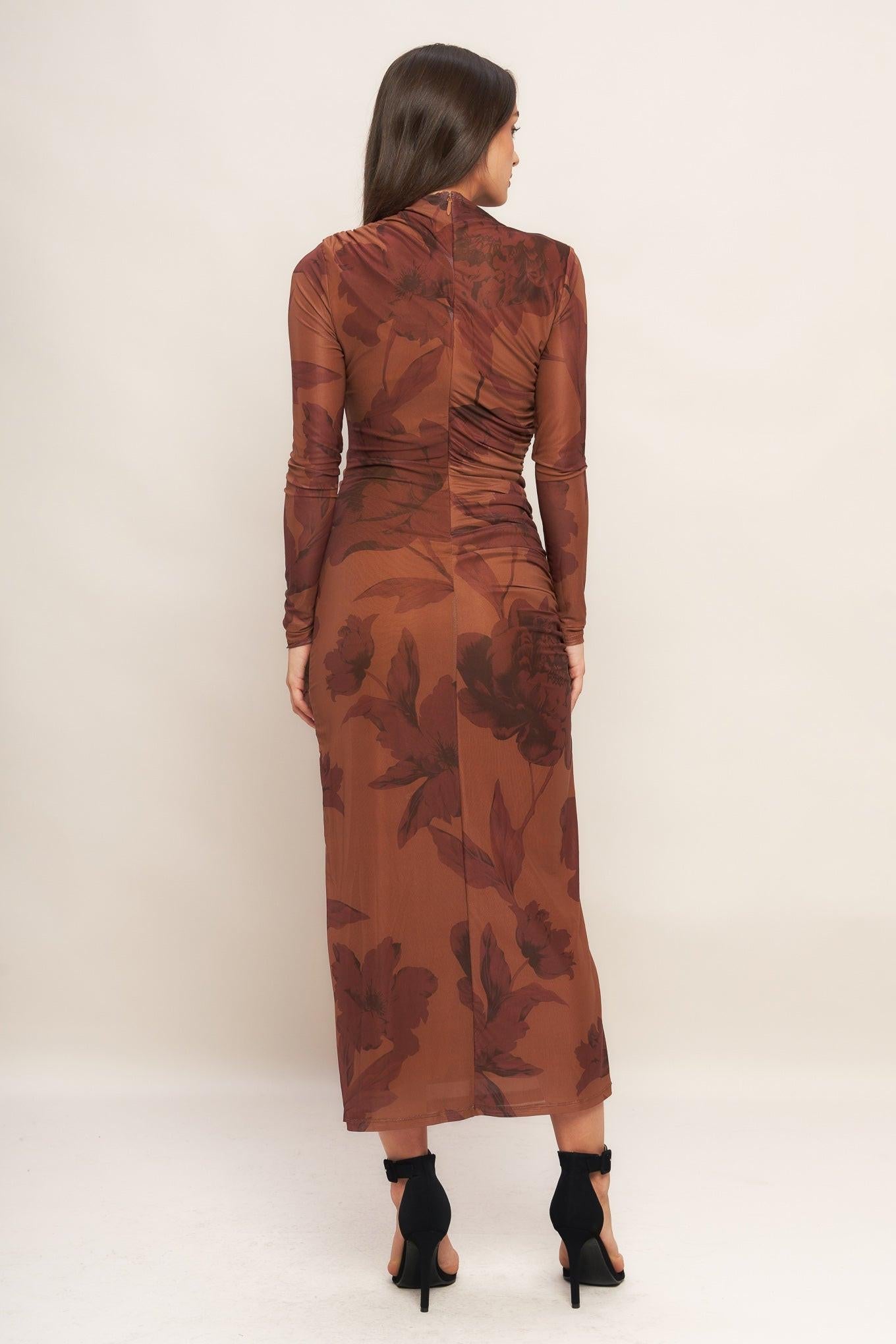 Amber Flora Power Mesh Midi Dress in sienna, view 6 — Soul Flow Apparel