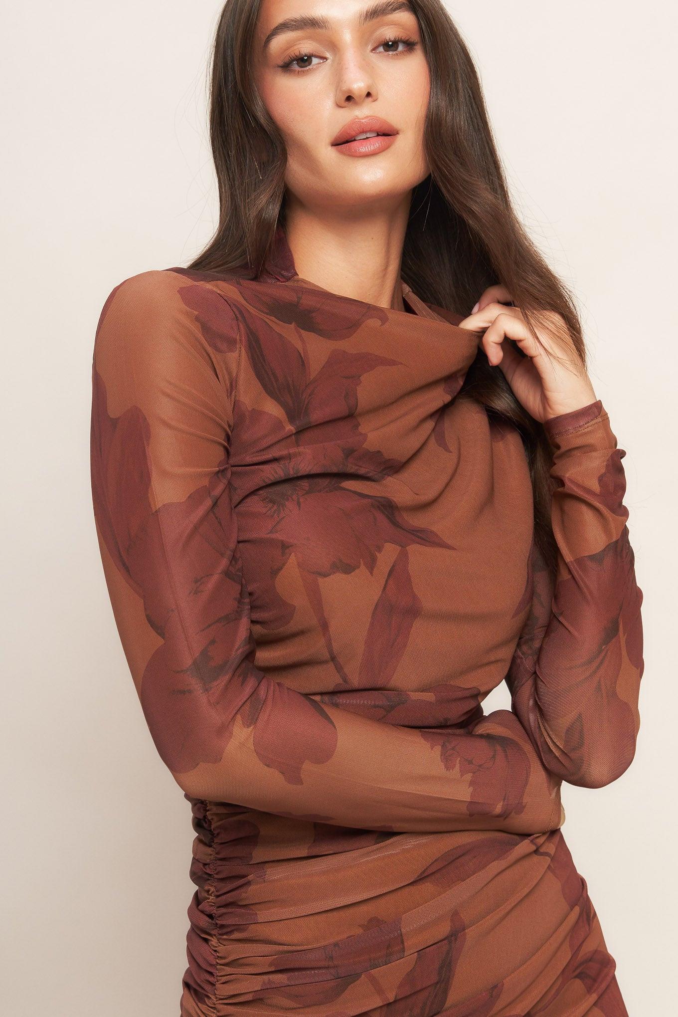 Amber Flora Power Mesh Midi Dress in sienna, view 8 — Soul Flow Apparel