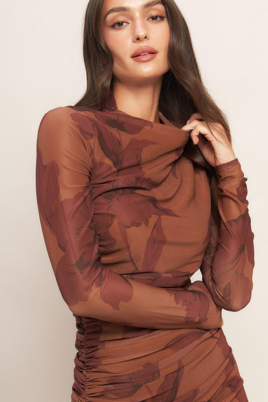 Amber Flora Power Mesh Midi Dress in sienna, view 8 — Soul Flow Apparel