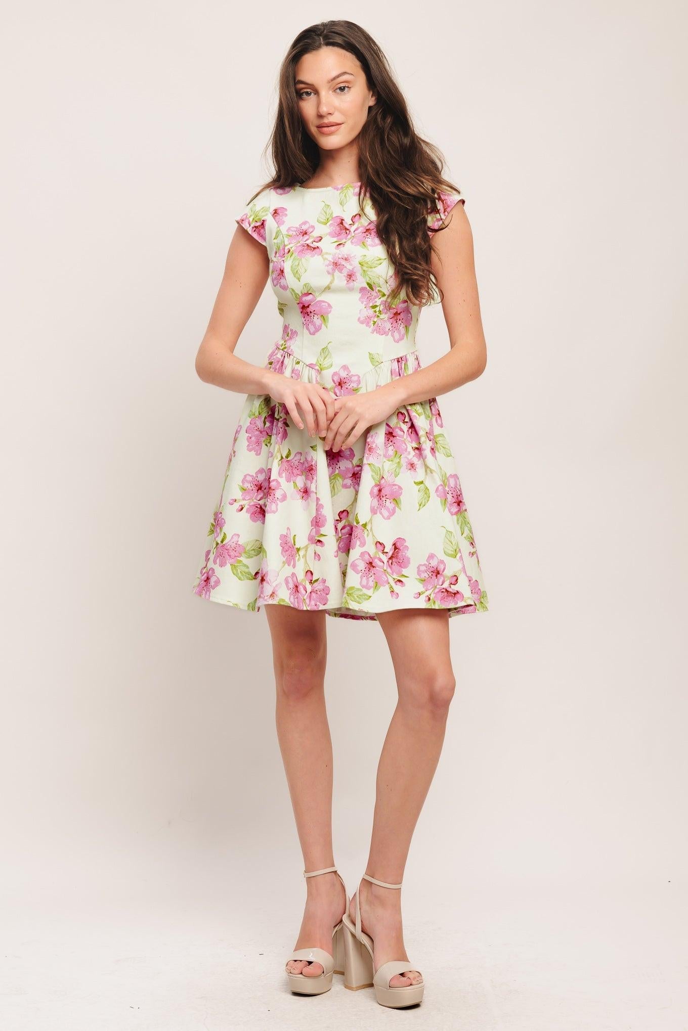 Blossom Babe Woven Mini Dress in ivory pink, view 1 — Soul Flow Apparel