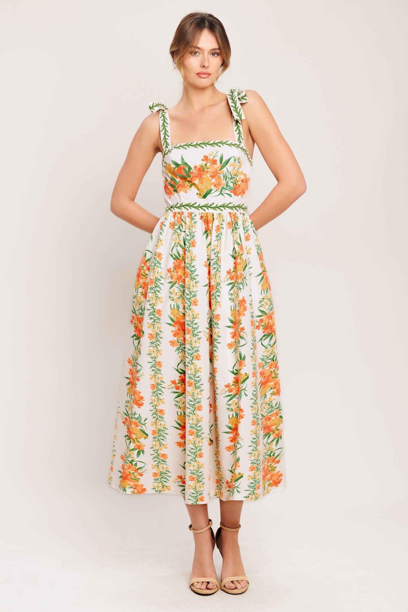 Marigold Breeze Woven Midi Dress in ivory multi floral, view 1 — Soul Flow Apparel