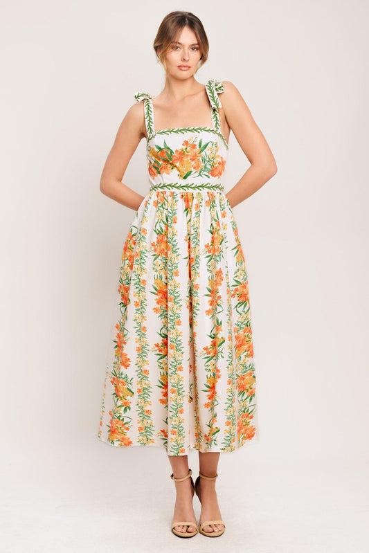 Marigold Breeze Woven Midi Dress in ivory multi floral, view 1 — Soul Flow Apparel