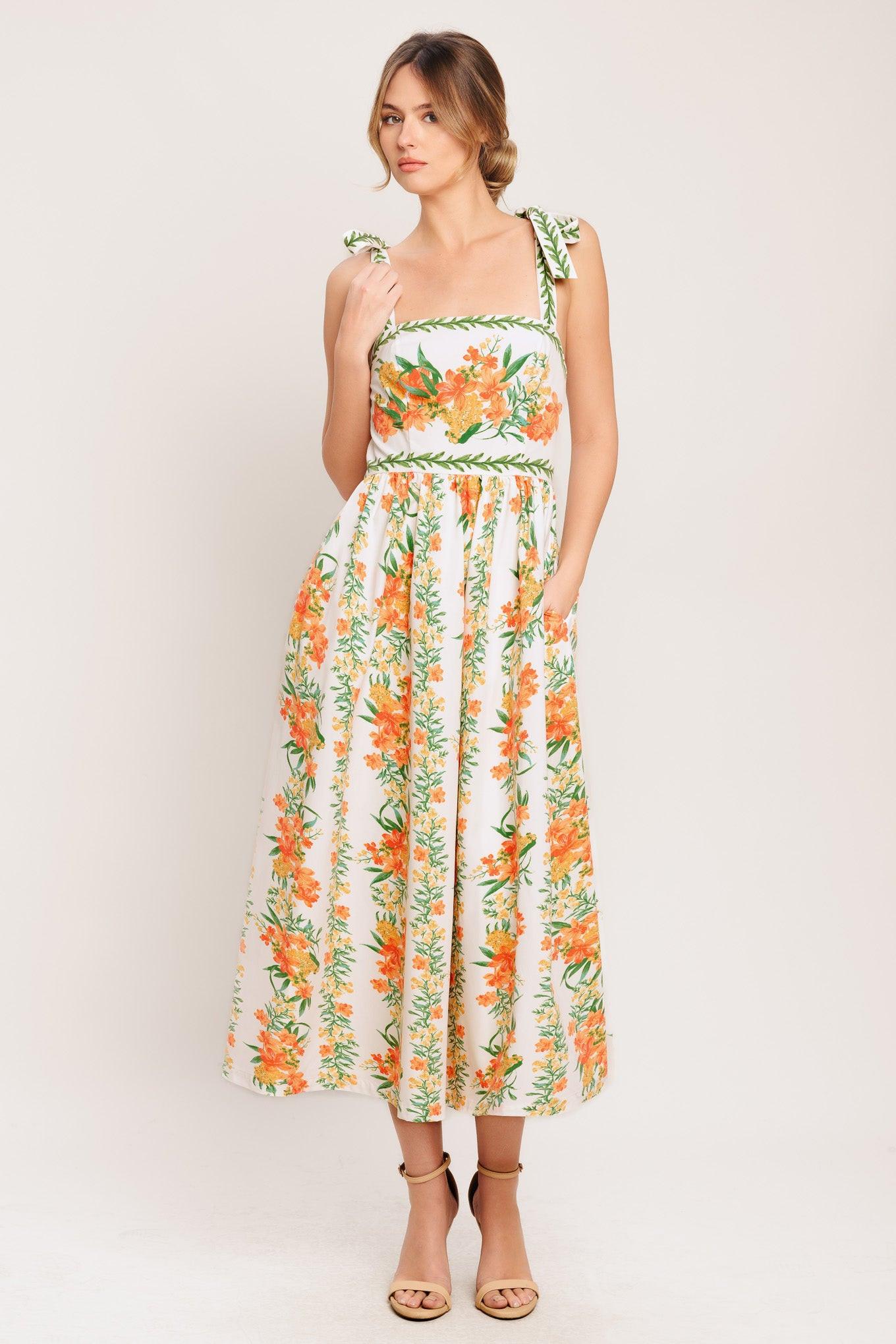 Marigold Breeze Woven Midi Dress in ivory multi floral, view 2 — Soul Flow Apparel