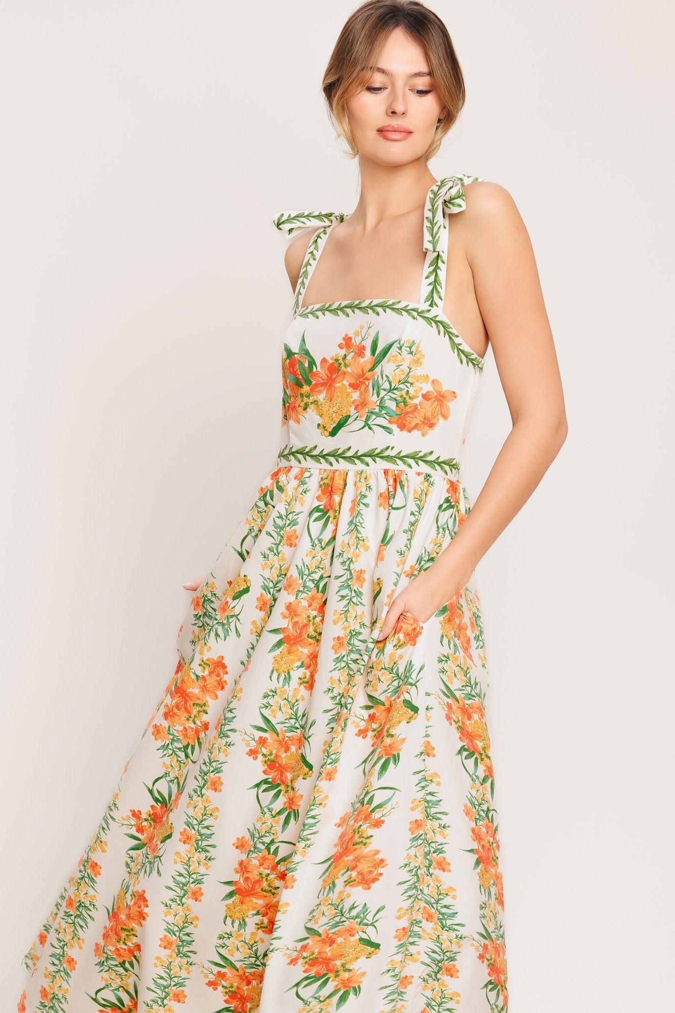 Marigold Breeze Woven Midi Dress in ivory multi floral, view 3 — Soul Flow Apparel