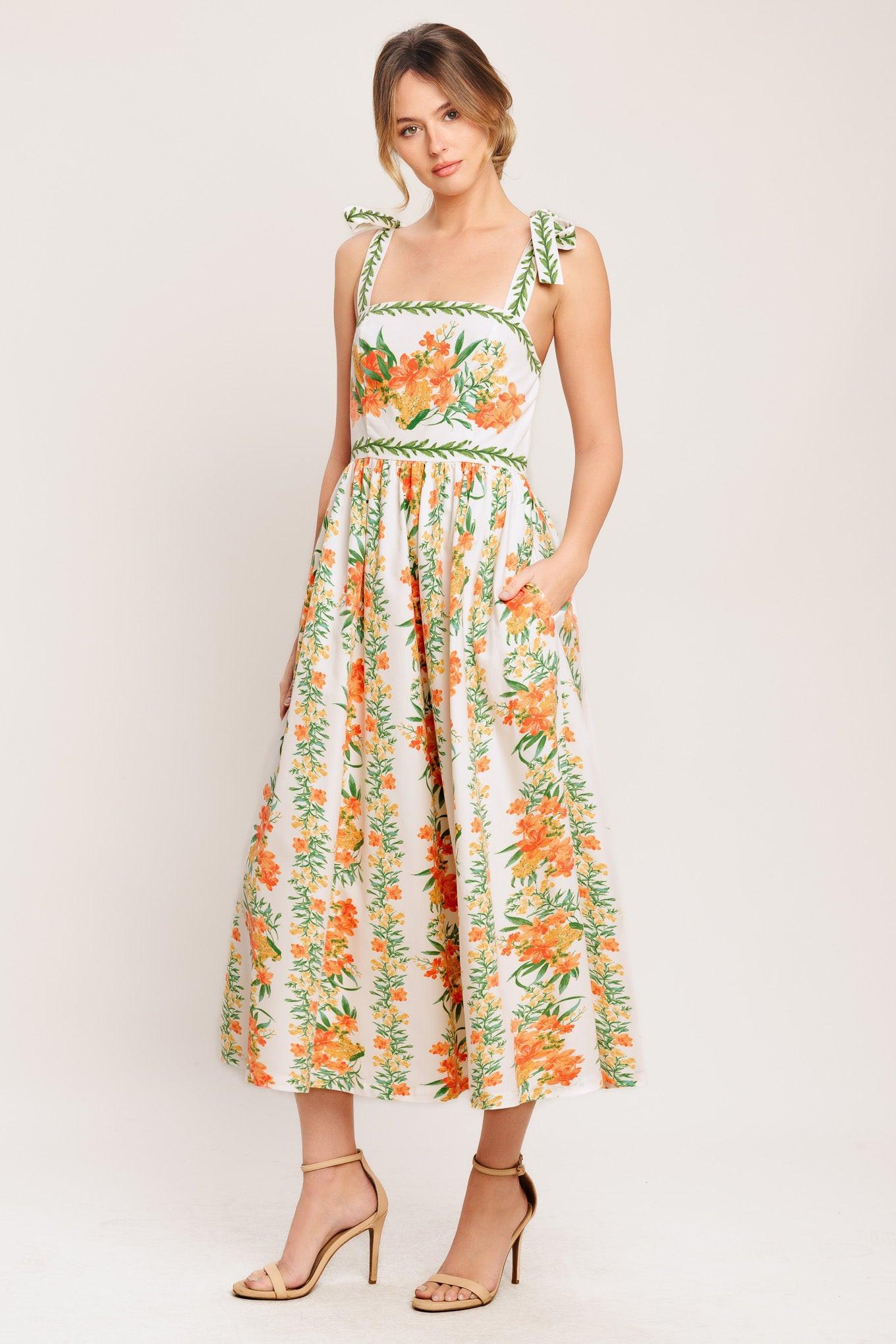 Marigold Breeze Woven Midi Dress in ivory multi floral, view 4 — Soul Flow Apparel