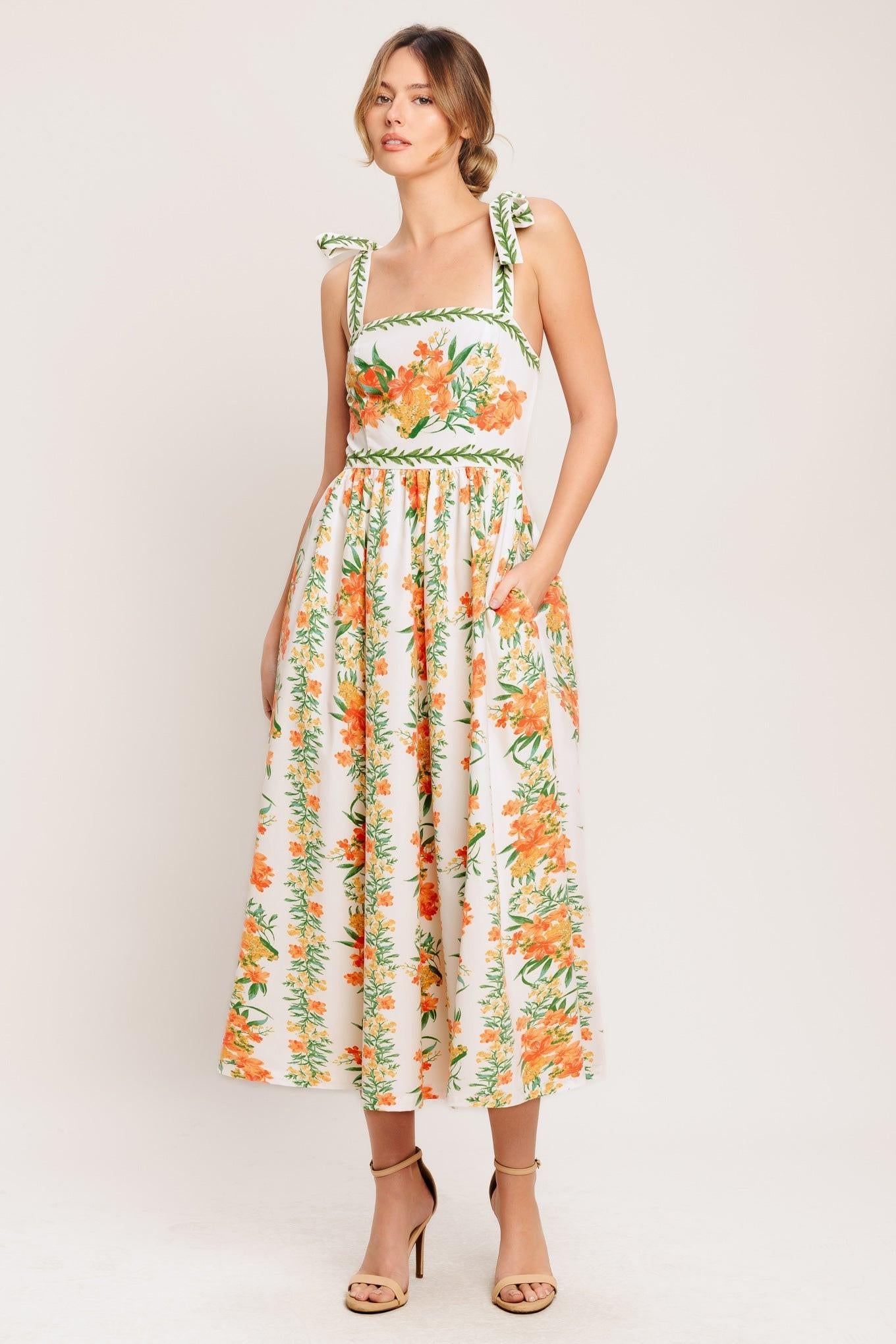 Marigold Breeze Woven Midi Dress in ivory multi floral, view 5 — Soul Flow Apparel