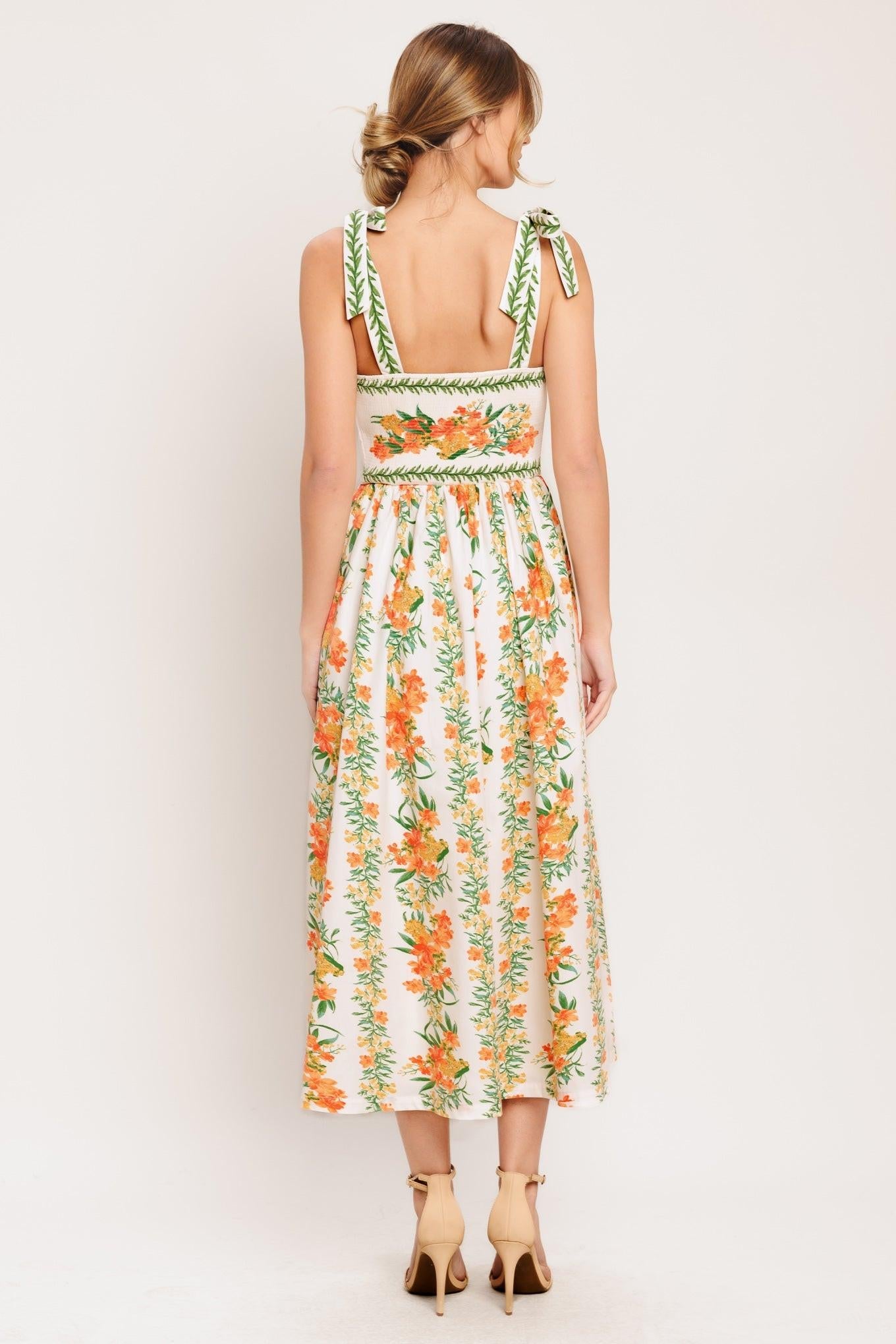 Marigold Breeze Woven Midi Dress in ivory multi floral, view 7 — Soul Flow Apparel