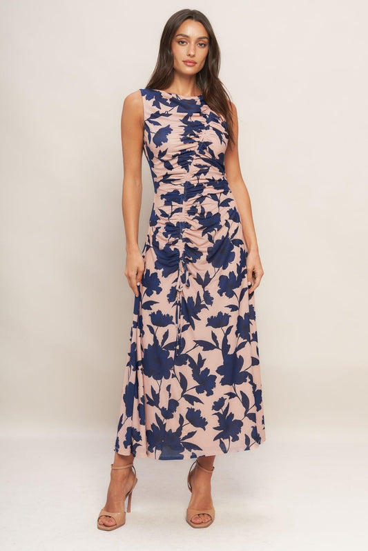 Twilight Floral Power Mesh Midi Dress in nude navy, view 6 — Soul Flow Apparel