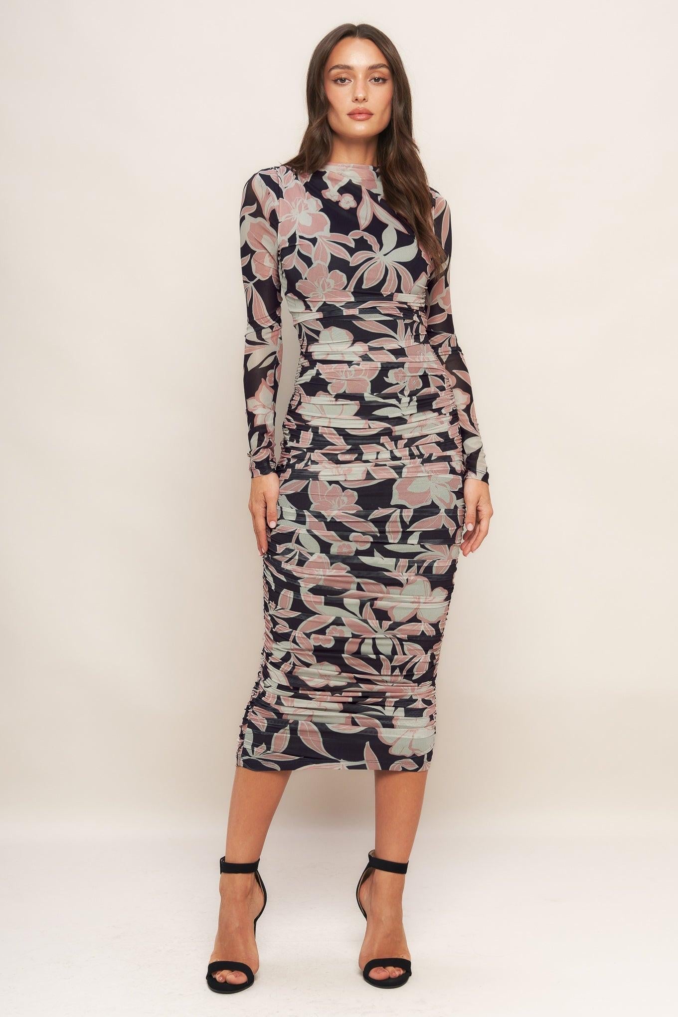 Muted Romance Power Mesh Midi Dress in black, view 1 — Soul Flow Apparel