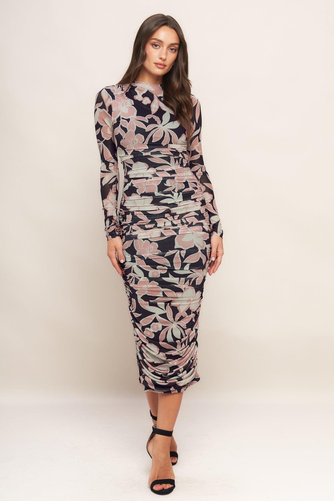 Muted Romance Power Mesh Midi Dress in black, view 2 — Soul Flow Apparel