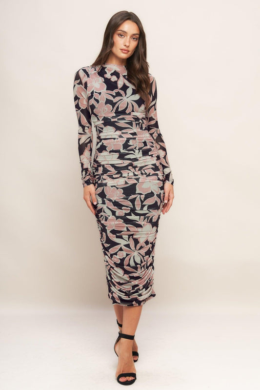Muted Romance Power Mesh Midi Dress in black, view 2 — Soul Flow Apparel