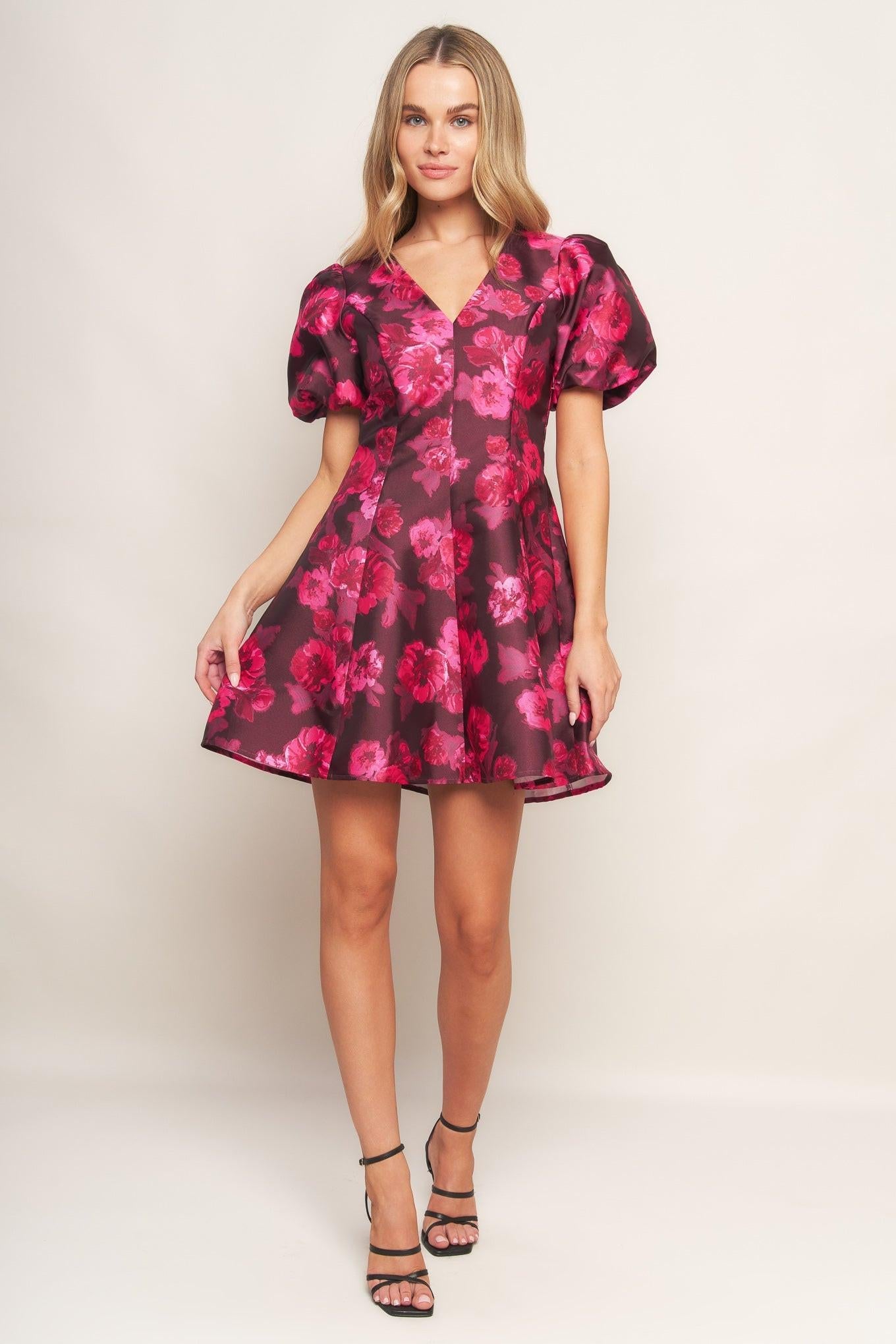 Bloom Rhapsody Woven Mini Dress in burgundy, view 1 — Soul Flow Apparel