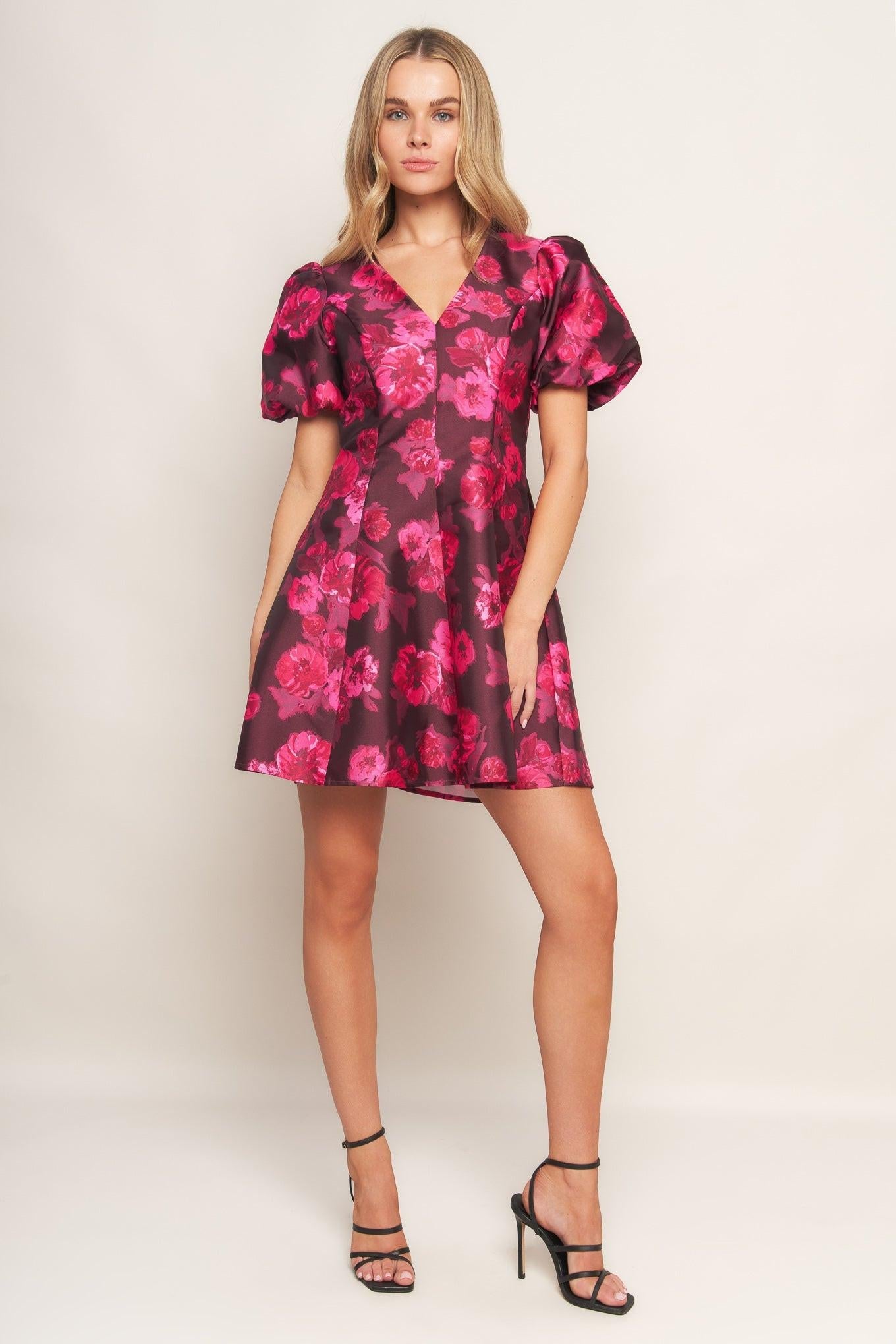 Bloom Rhapsody Woven Mini Dress in burgundy, view 2 — Soul Flow Apparel