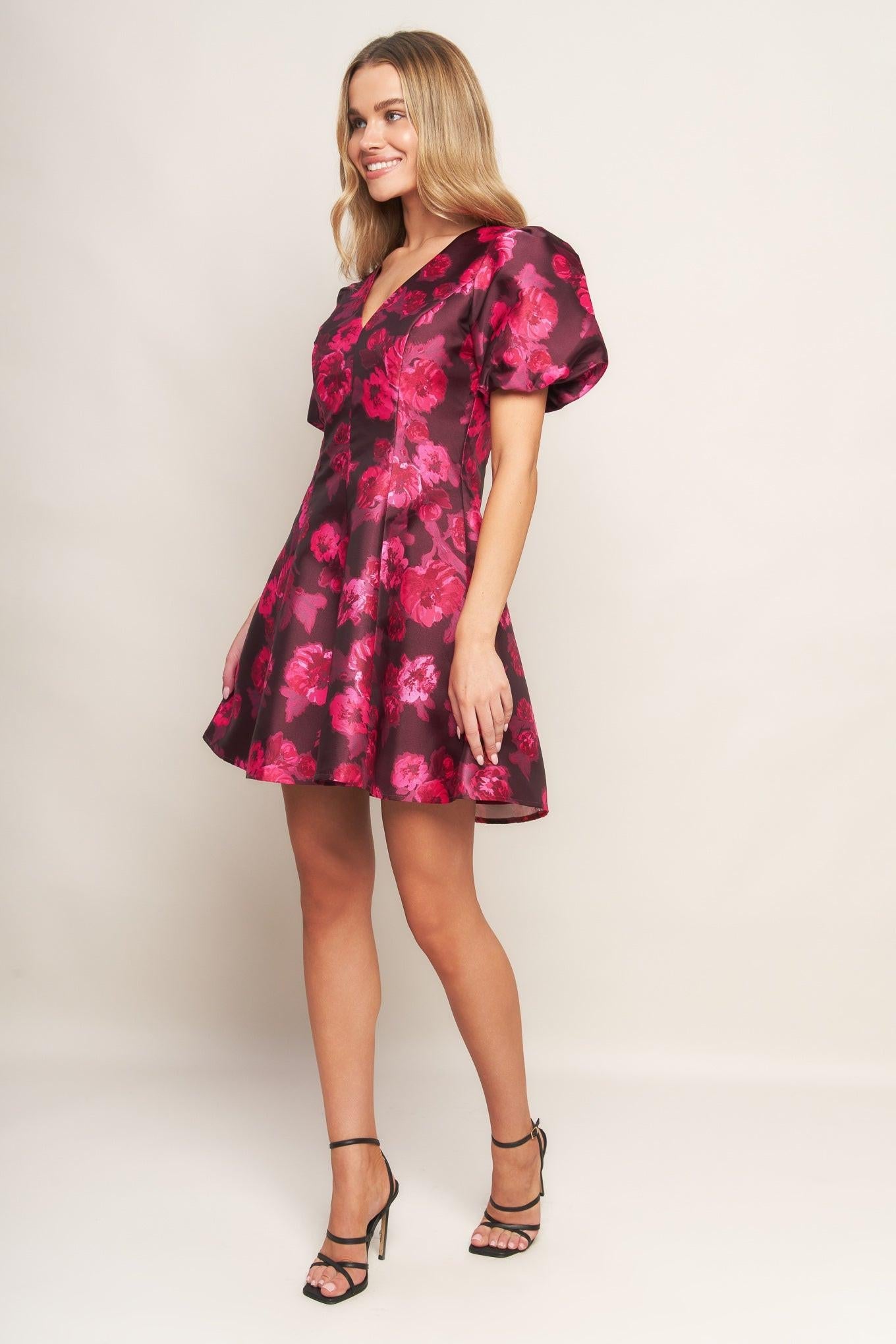 Bloom Rhapsody Woven Mini Dress in burgundy, view 4 — Soul Flow Apparel