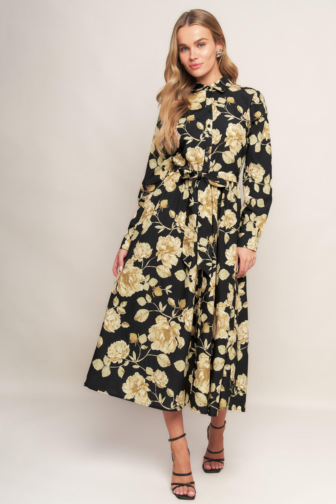 Midnight Bloom Black Woven Midi Dress, view 2 — Soul Flow Apparel
