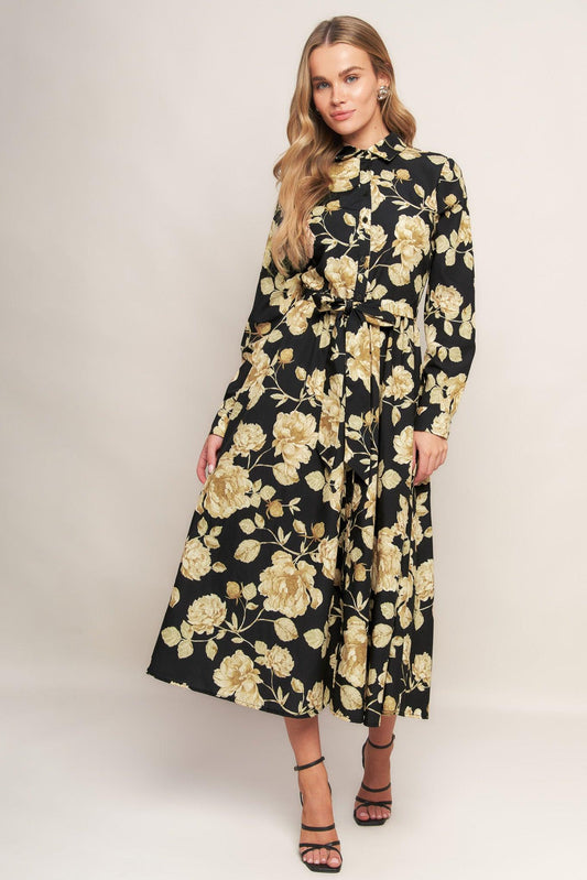 Midnight Bloom Black Woven Midi Dress, view 2 — Soul Flow Apparel