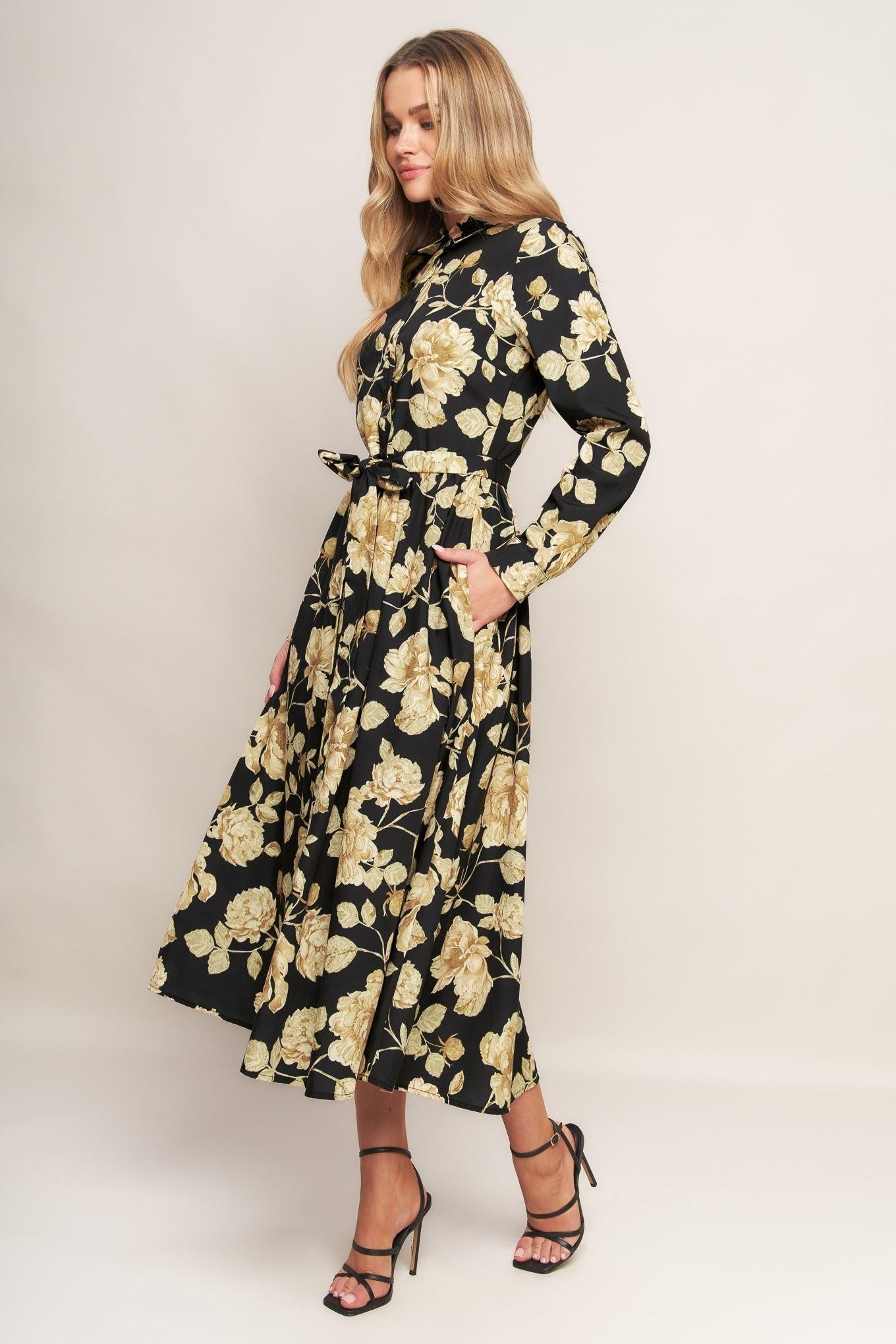 Midnight Bloom Black Woven Midi Dress, view 3 — Soul Flow Apparel