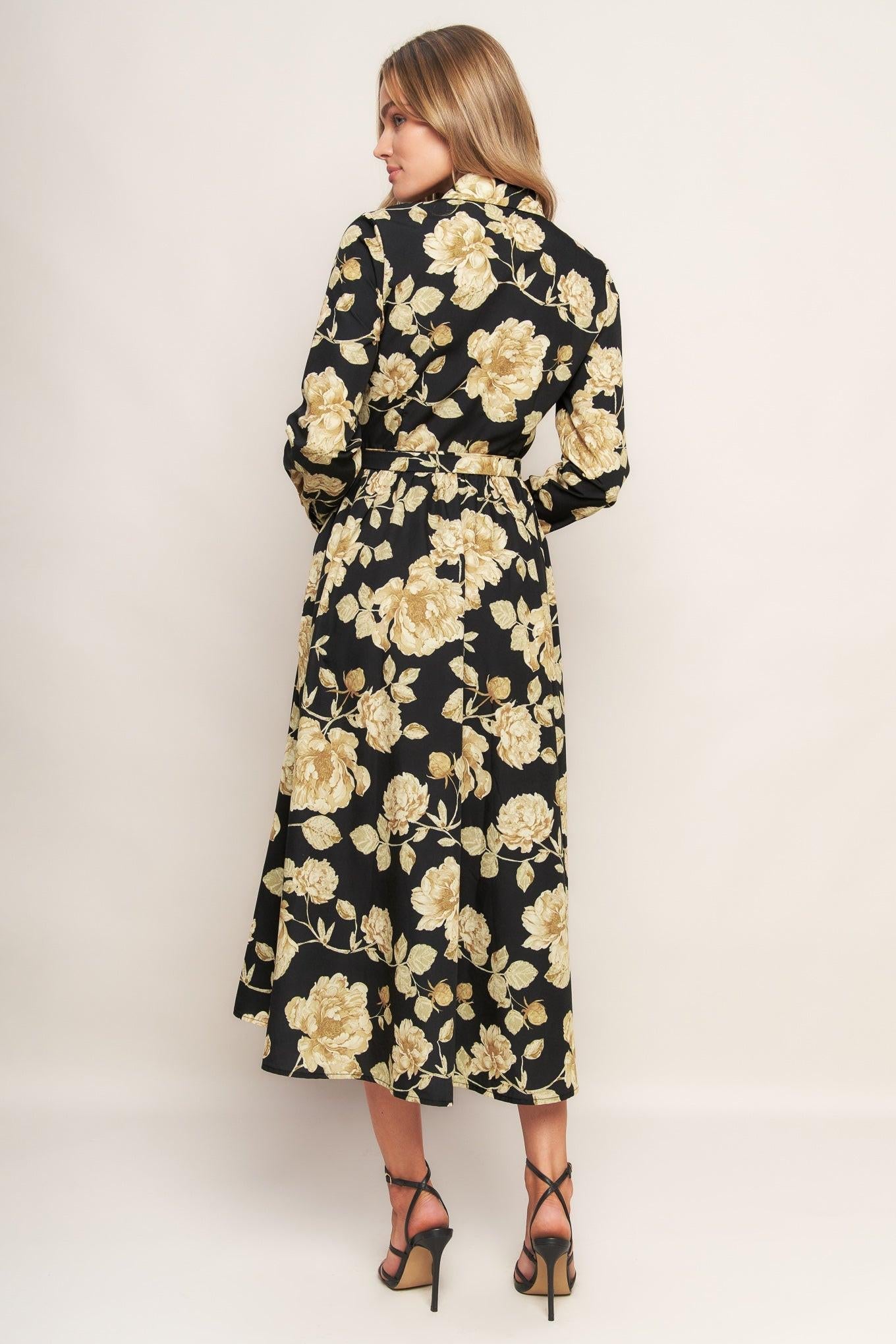 Midnight Bloom Black Woven Midi Dress, view 4 — Soul Flow Apparel