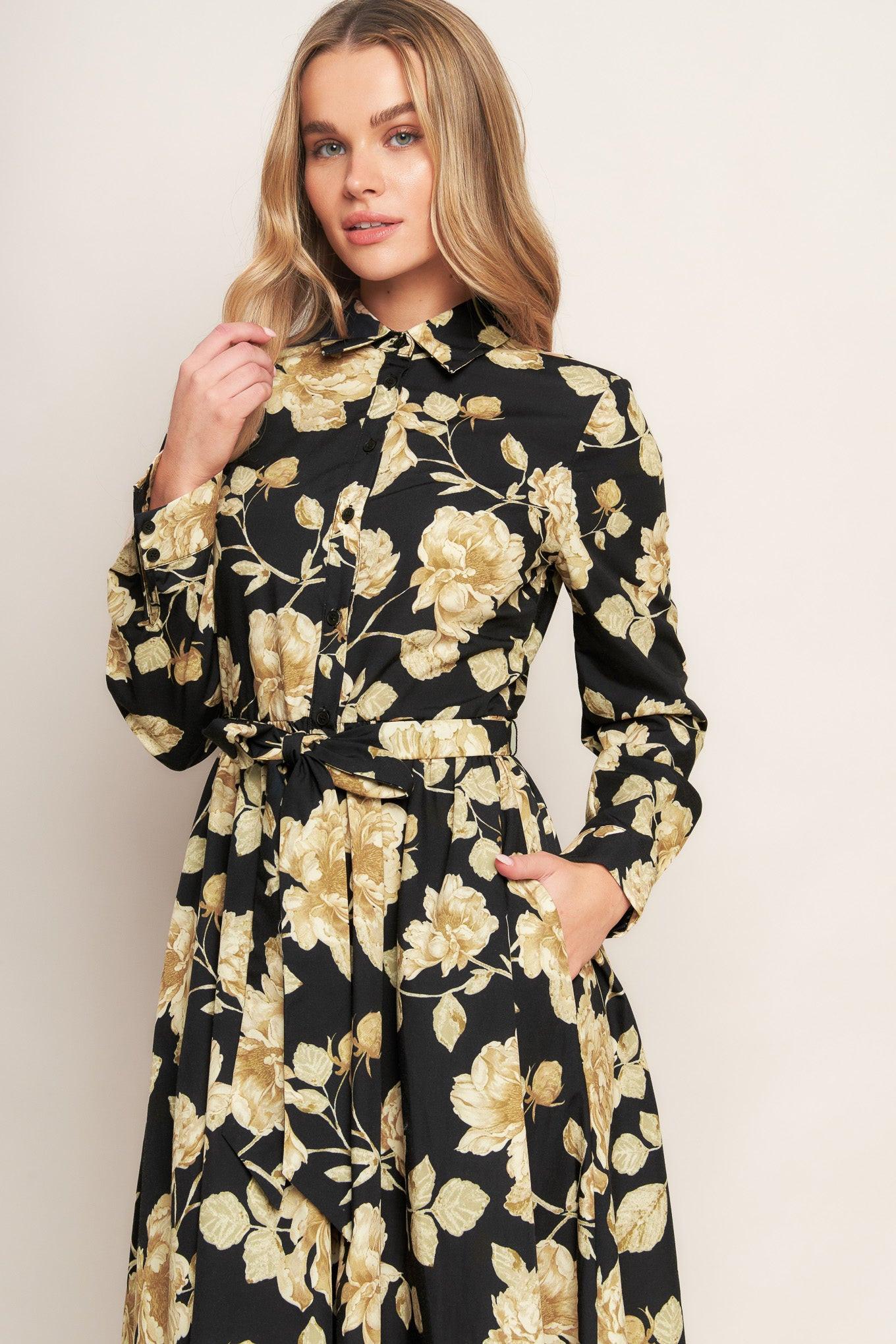 Midnight Bloom Black Woven Midi Dress, view 6 — Soul Flow Apparel