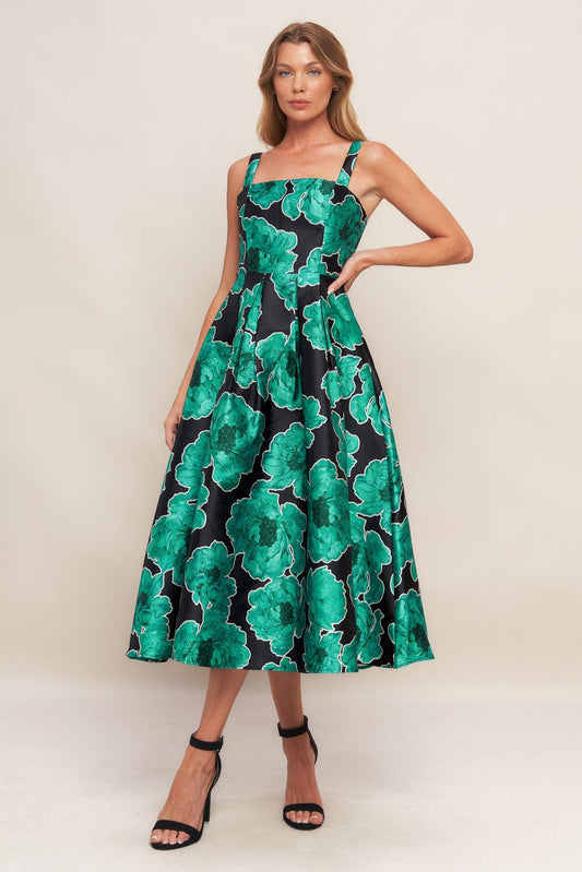 Royal Baroque Woven Midi Dress in black green, view 1 — Soul Flow Apparel