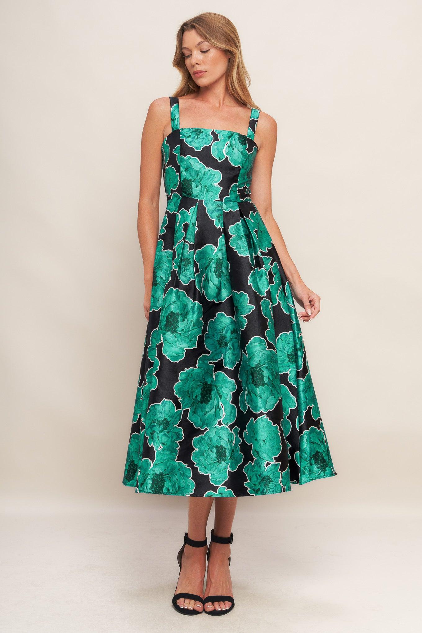 Royal Baroque Woven Midi Dress in black green, view 2 — Soul Flow Apparel