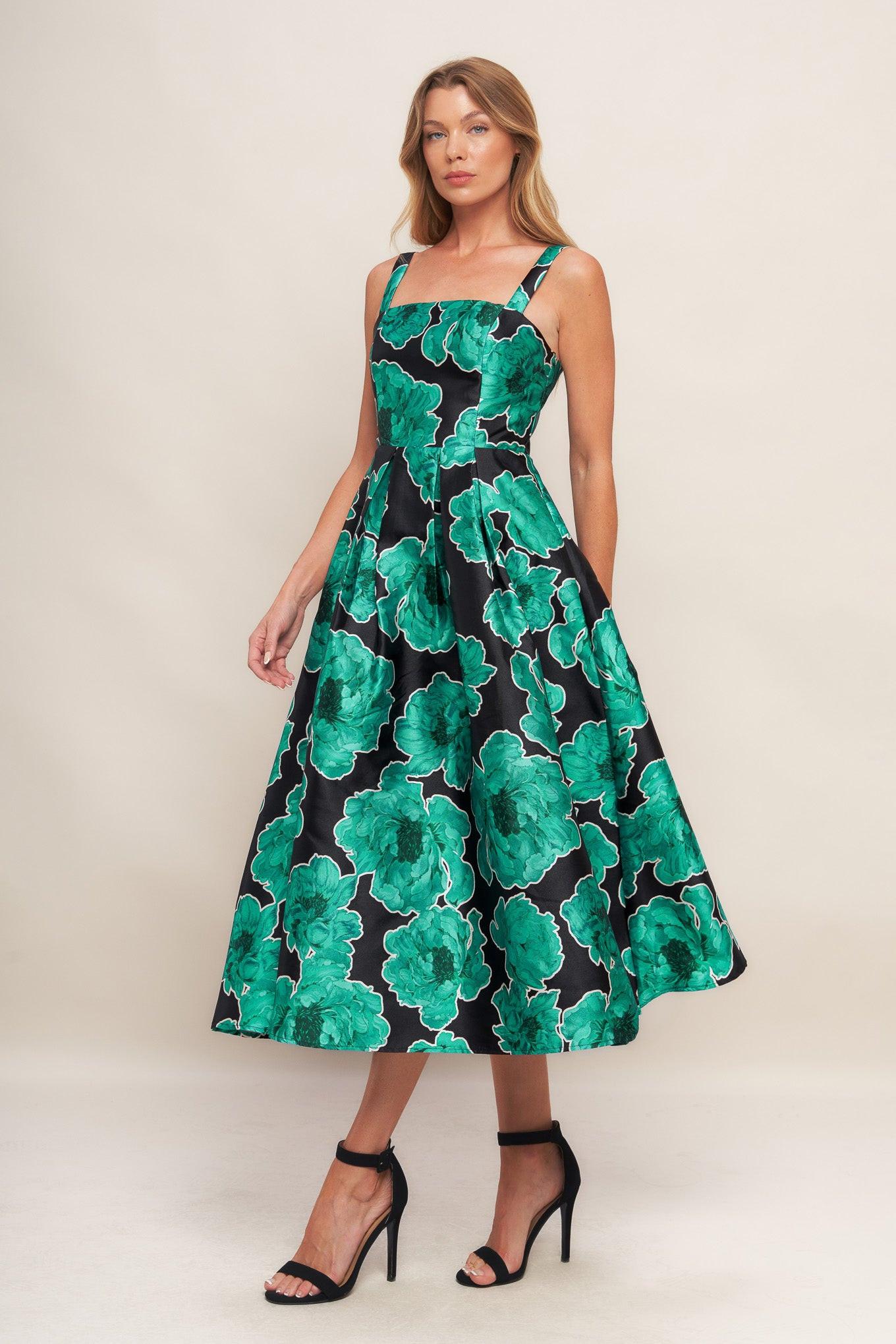 Royal Baroque Woven Midi Dress in black green, view 4 — Soul Flow Apparel