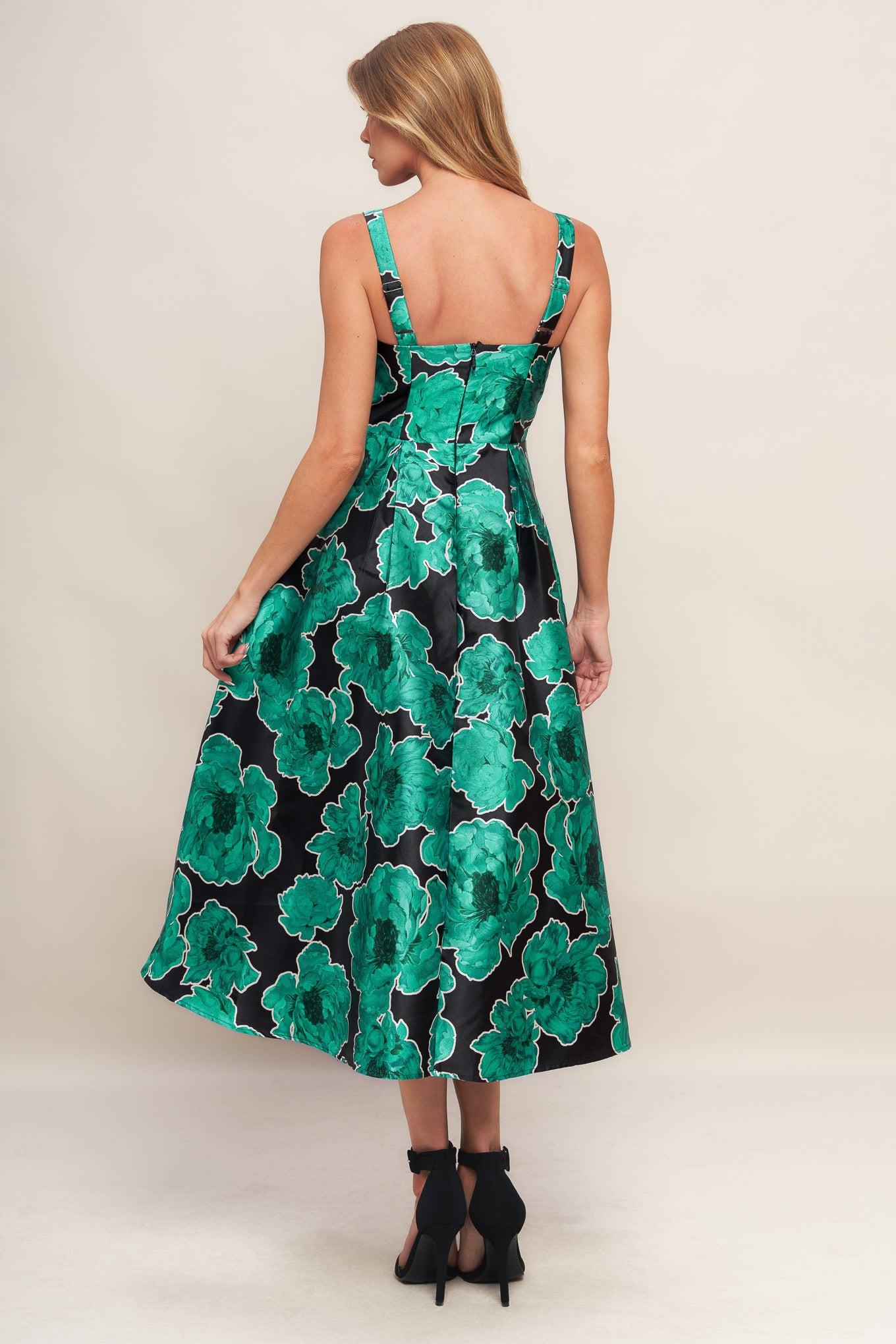 Royal Baroque Woven Midi Dress in black green, view 5 — Soul Flow Apparel