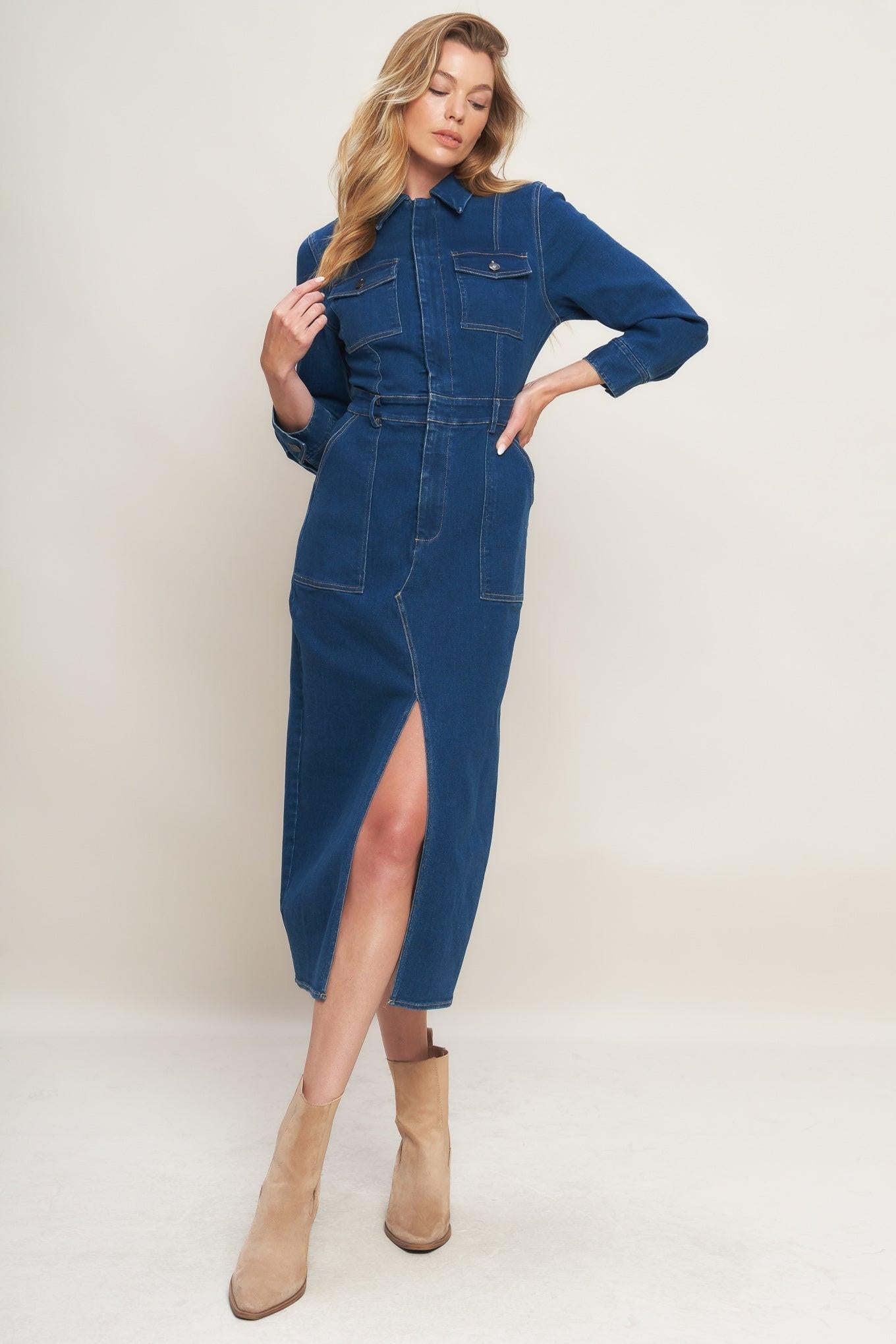 Midnight Dark Indigo Denim Midi Dress, view 1 — Soul Flow Apparel