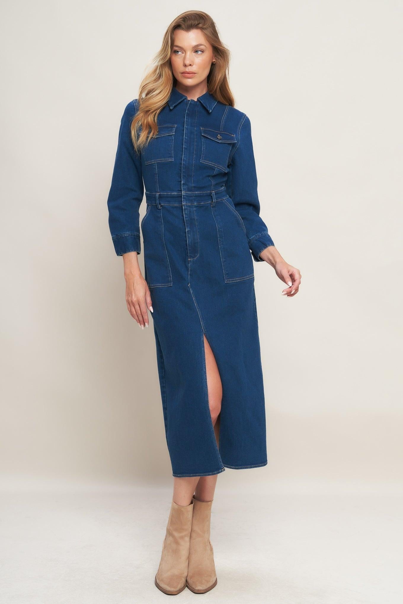 Midnight Dark Indigo Denim Midi Dress, view 2 — Soul Flow Apparel