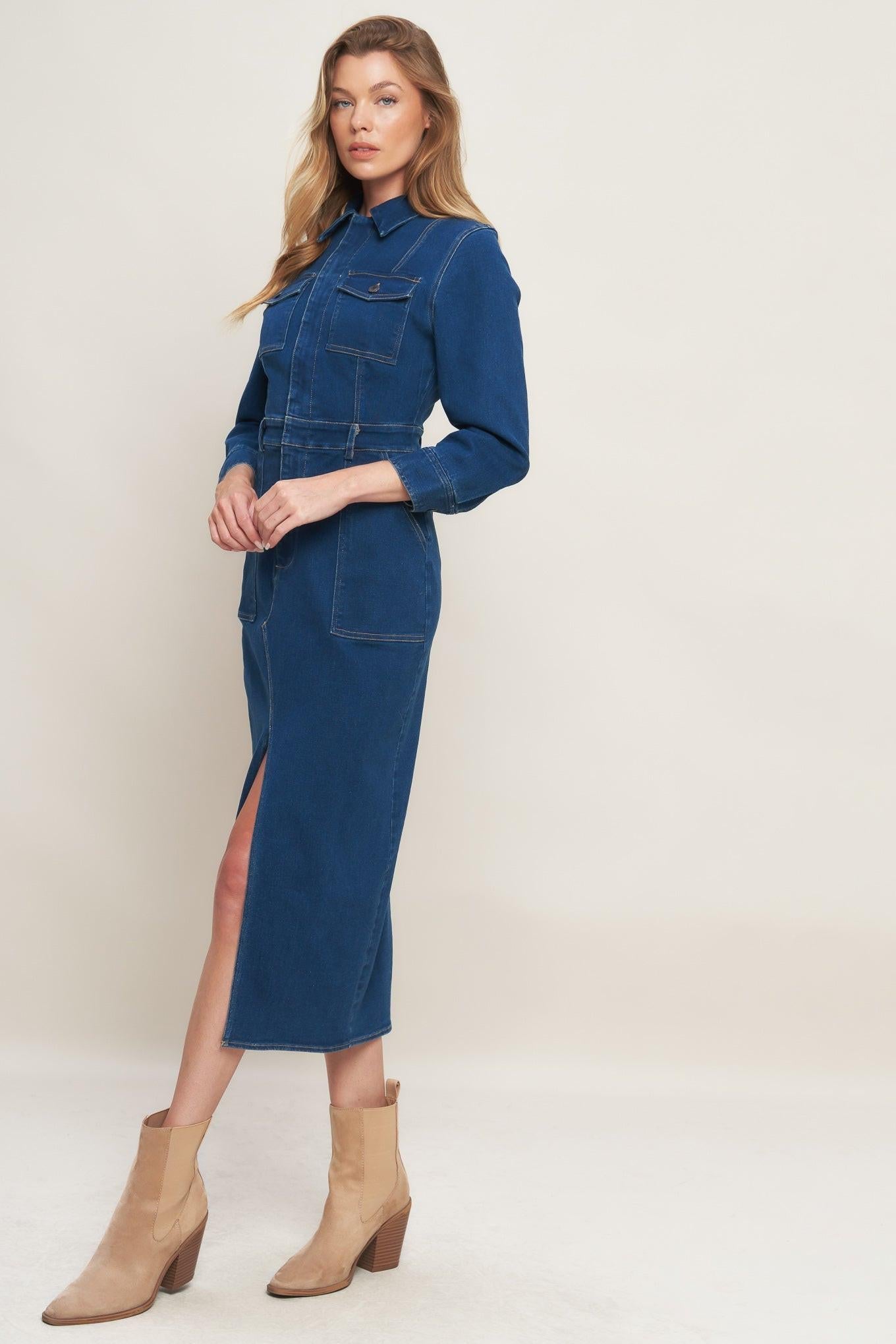 Midnight Dark Indigo Denim Midi Dress, view 3 — Soul Flow Apparel