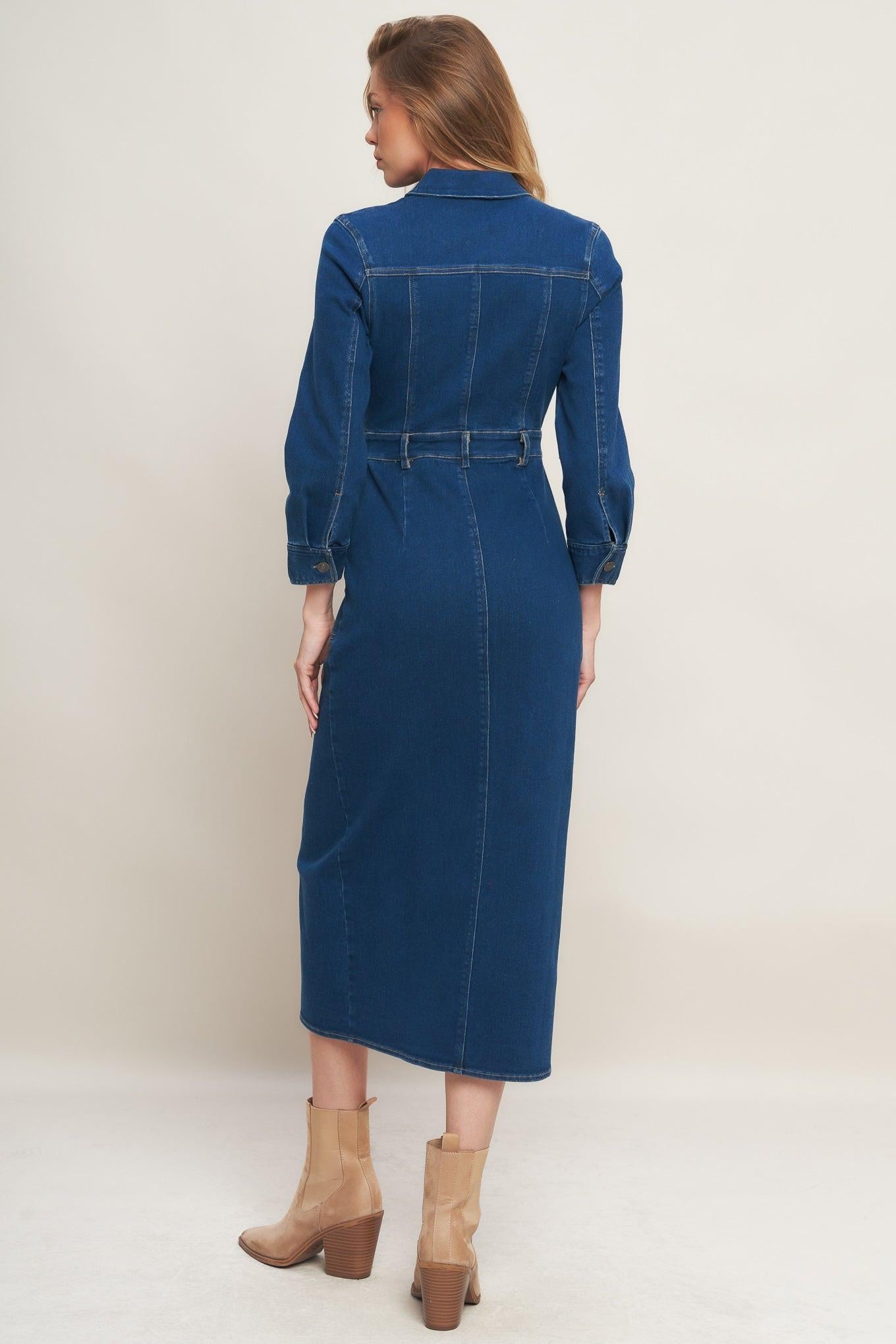 Midnight Dark Indigo Denim Midi Dress, view 4 — Soul Flow Apparel