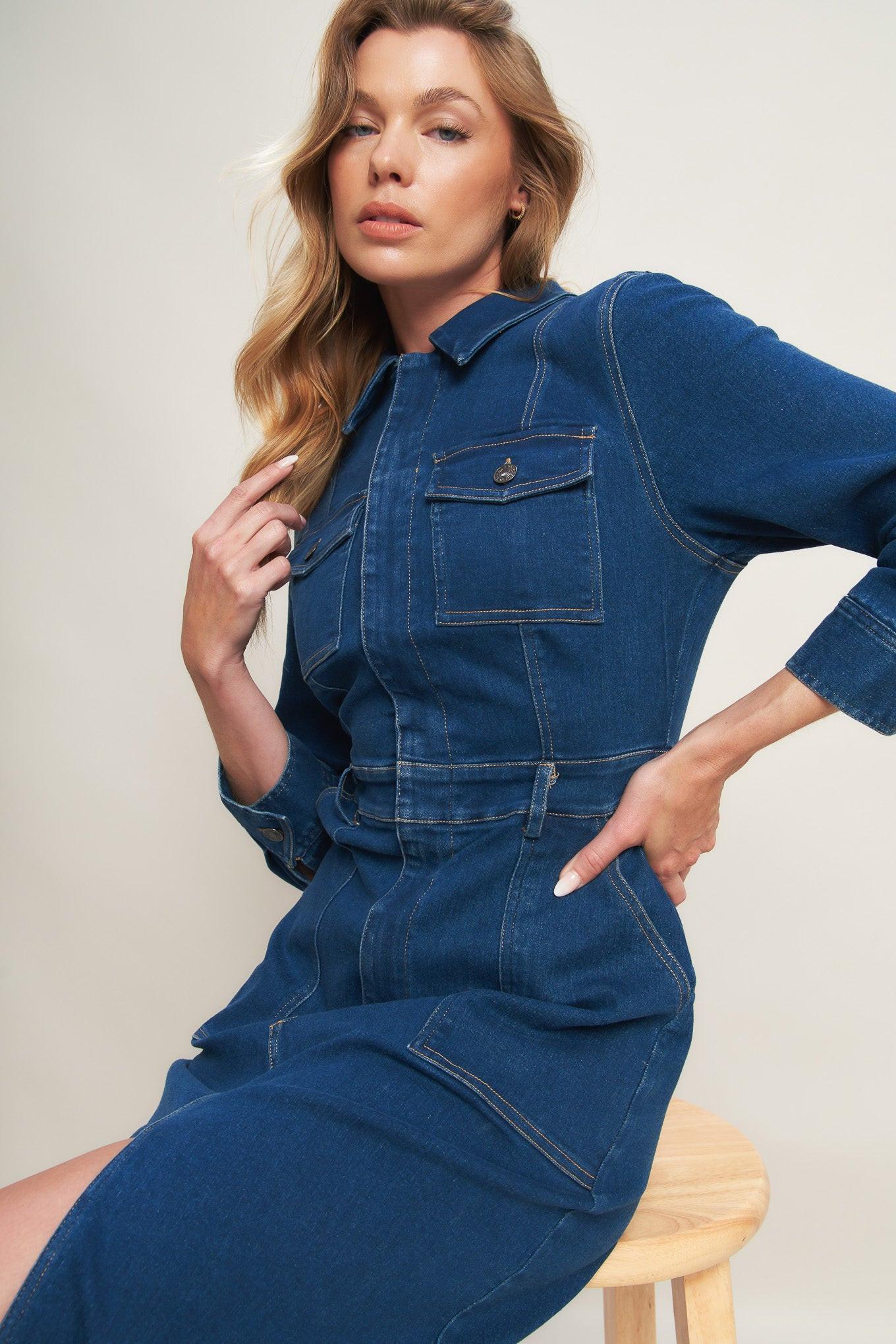 Midnight Dark Indigo Denim Midi Dress, view 6 — Soul Flow Apparel