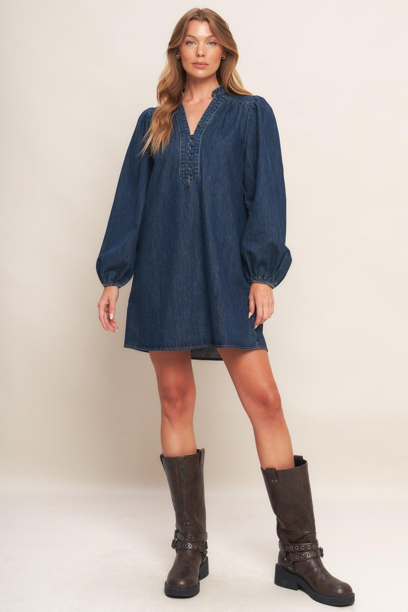 Canyon Breeze Denim Mini Dress in dark indigo, view 1 — Soul Flow Apparel