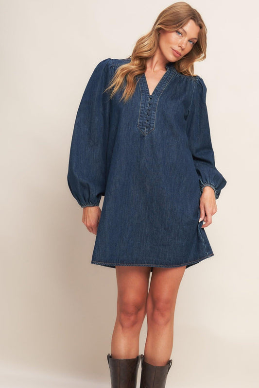 Canyon Breeze Denim Mini Dress in dark indigo, view 2 — Soul Flow Apparel