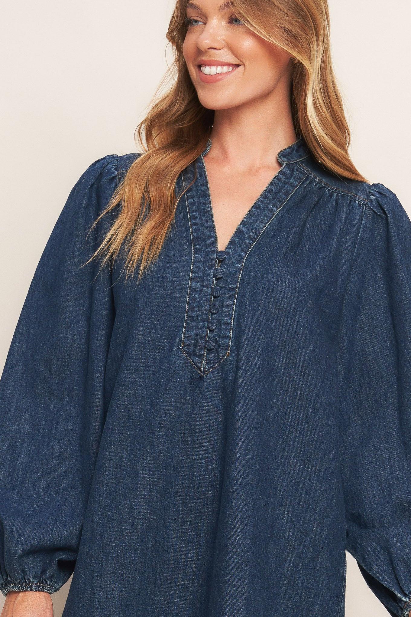 Canyon Breeze Denim Mini Dress in dark indigo, view 4 — Soul Flow Apparel